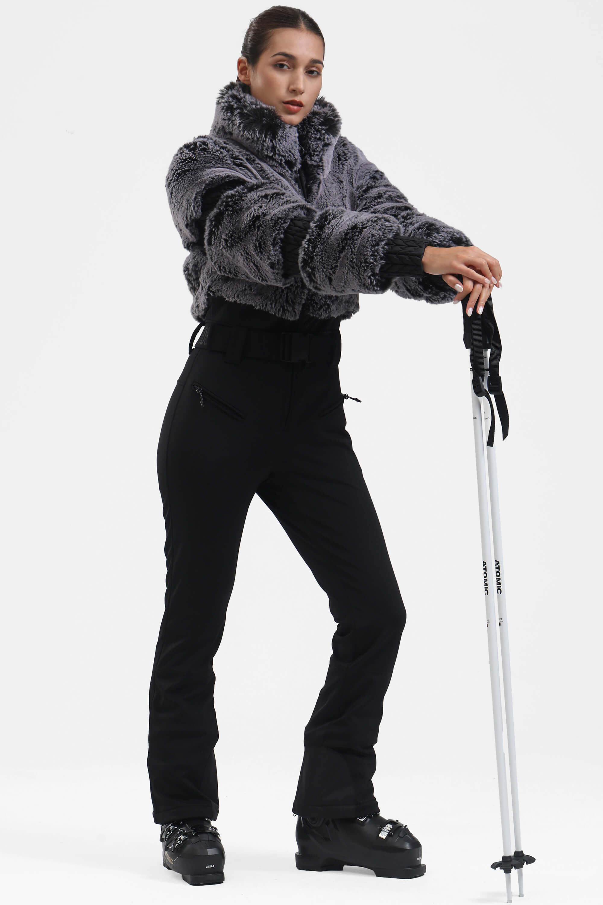 Elegant Women's Grey Faux-Fur One-Piece Ski Suit