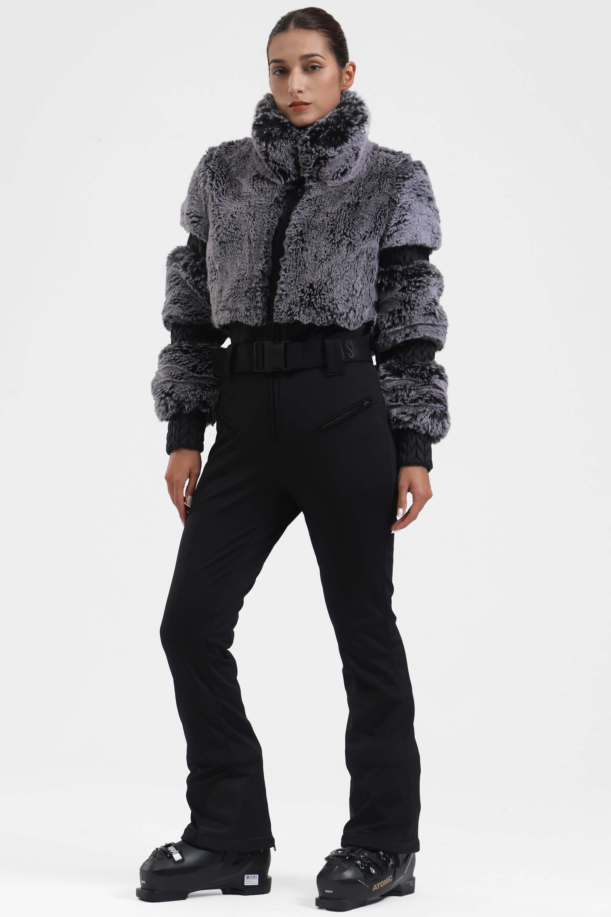 Elegant Women's Grey Faux-Fur One-Piece Ski Suit