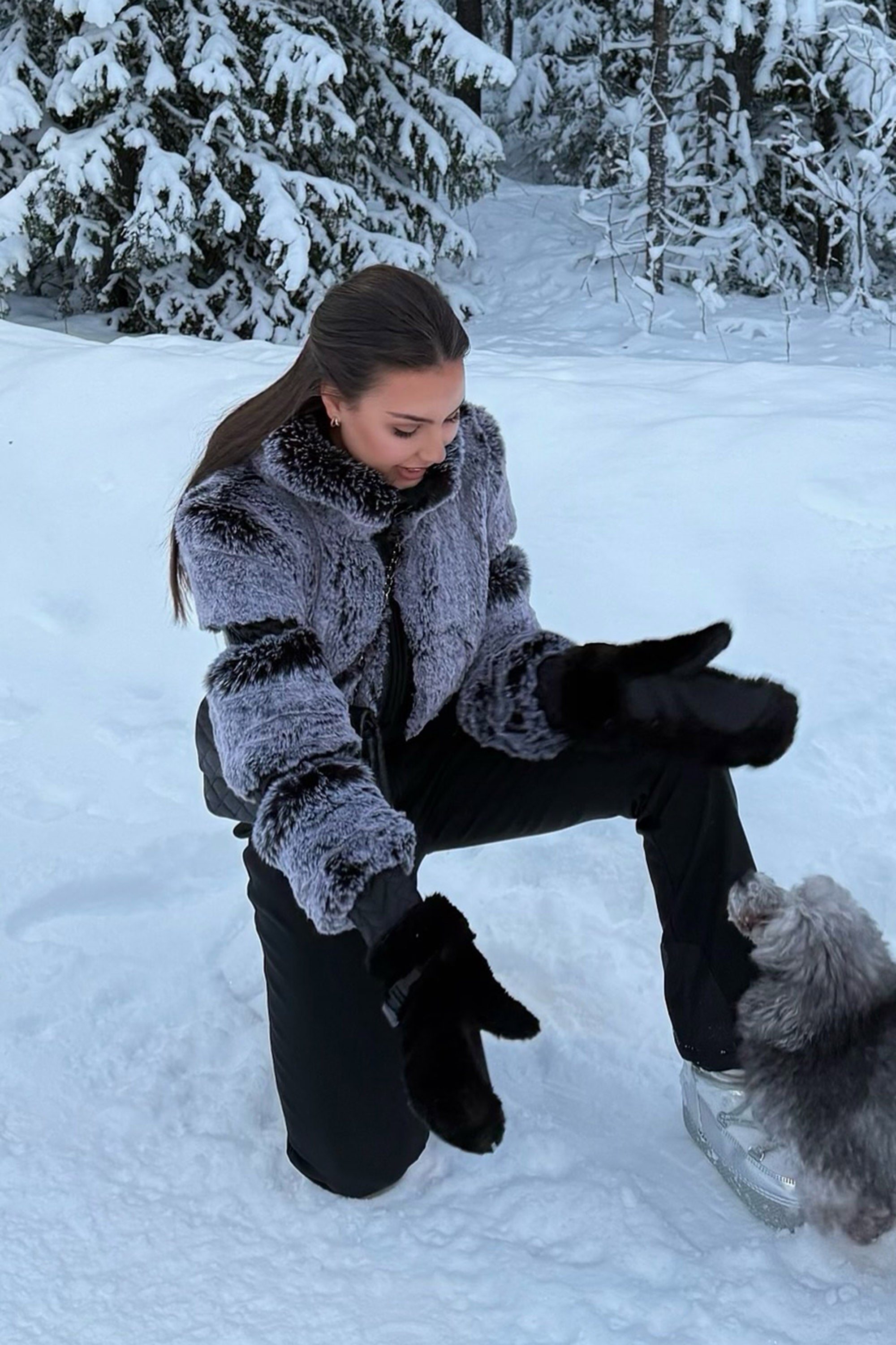 Elegant Women's Grey Faux-Fur One-Piece Ski Suit