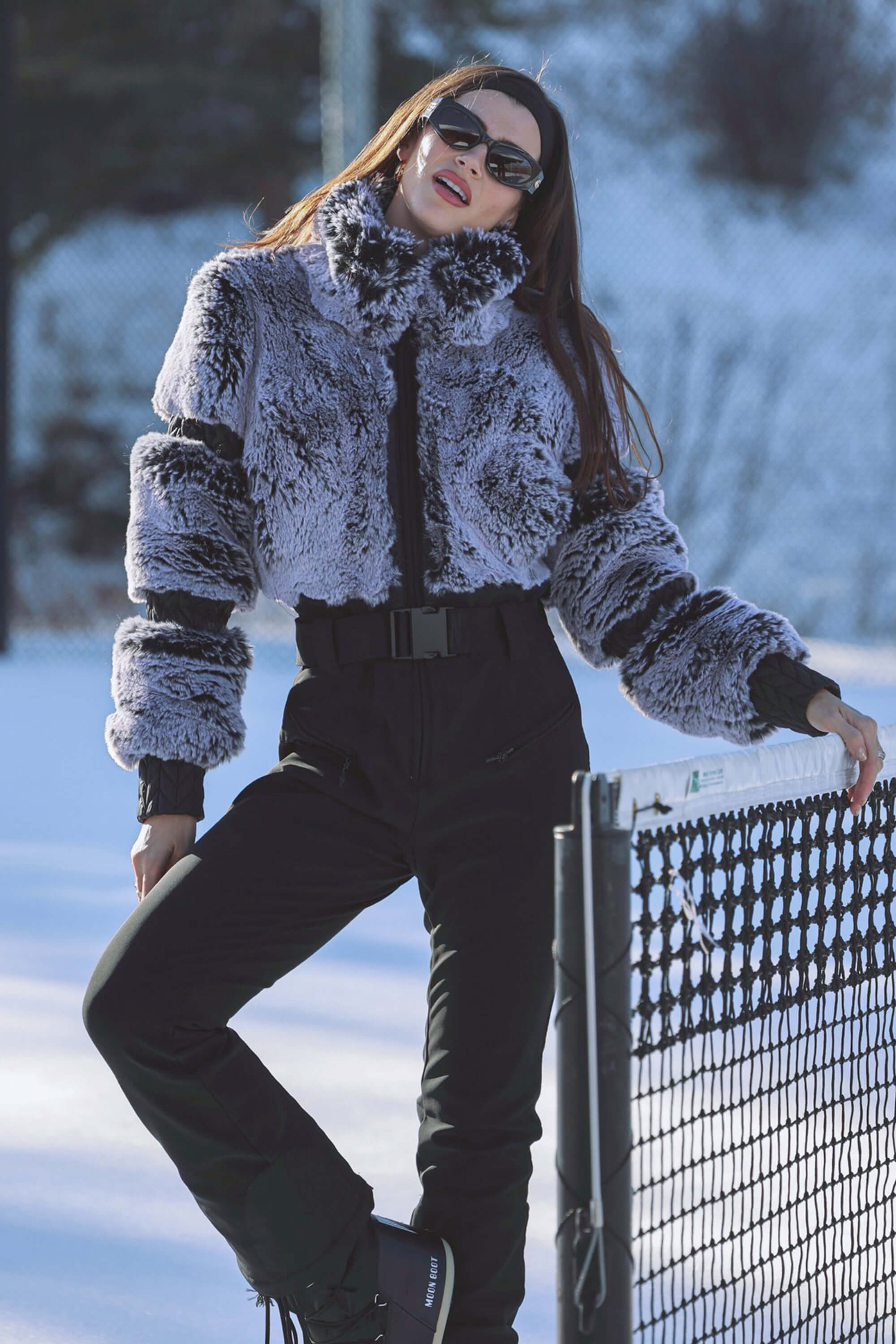Elegant Women's Grey Faux-Fur One-Piece Ski Suit