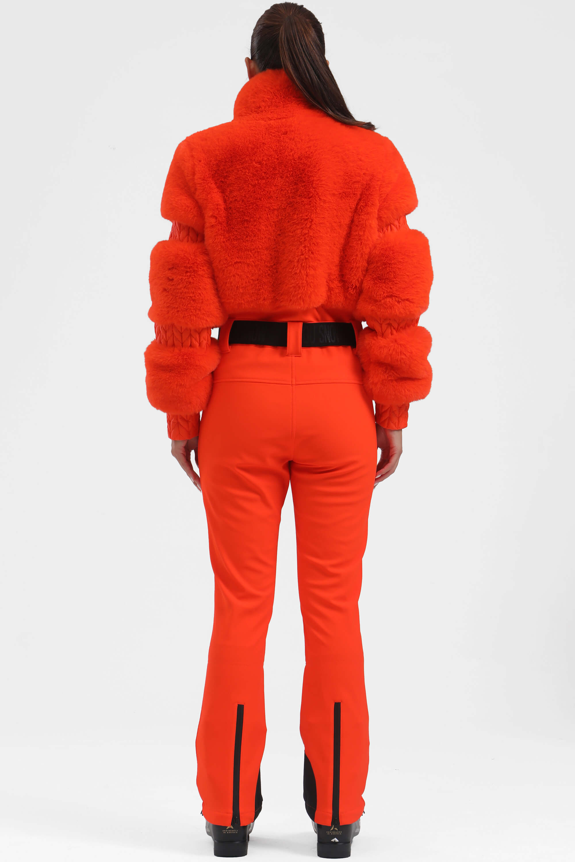 Elegant Women's Neon Orange Faux-Fur One-Piece Ski Suit