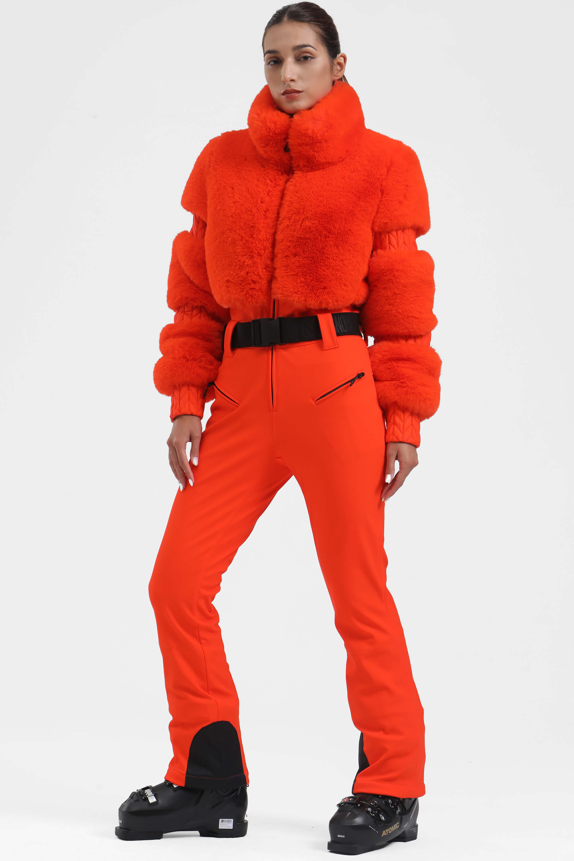 Elegant Women's Grey Faux-Fur One-Piece Ski Suit