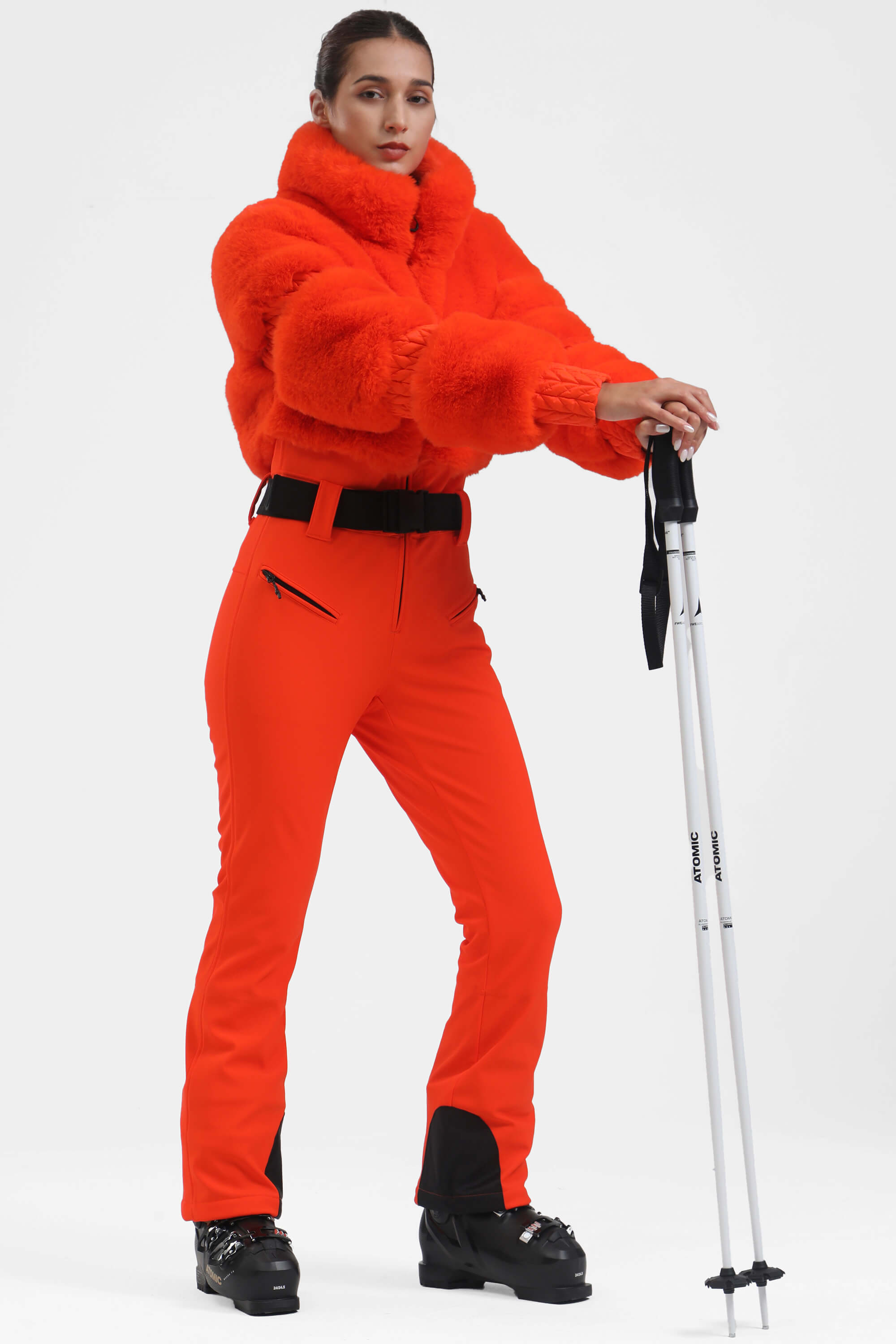 Elegant Women's Neon Orange Faux-Fur One-Piece Ski Suit