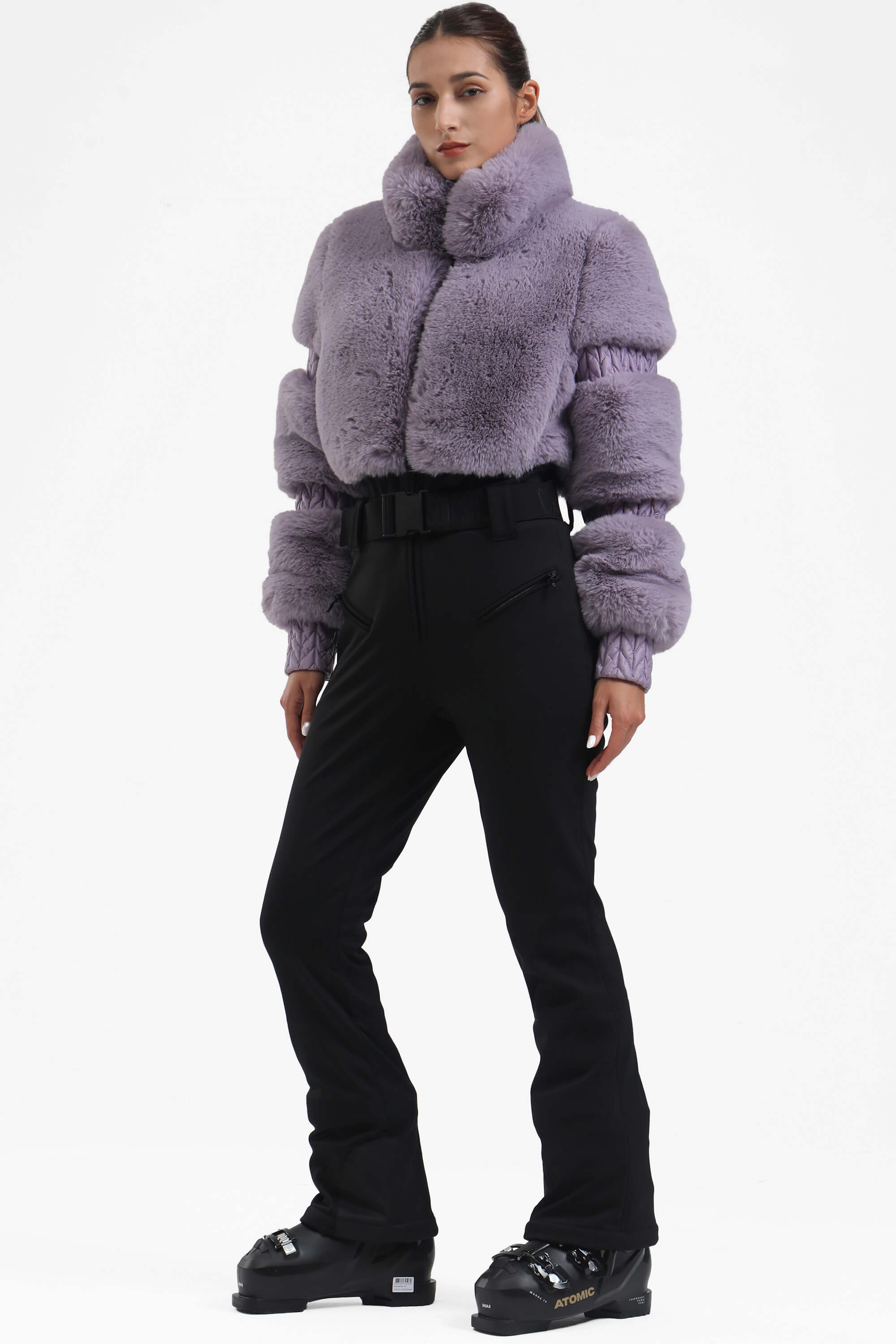 Elegant Women's Grey Faux-Fur One-Piece Ski Suit