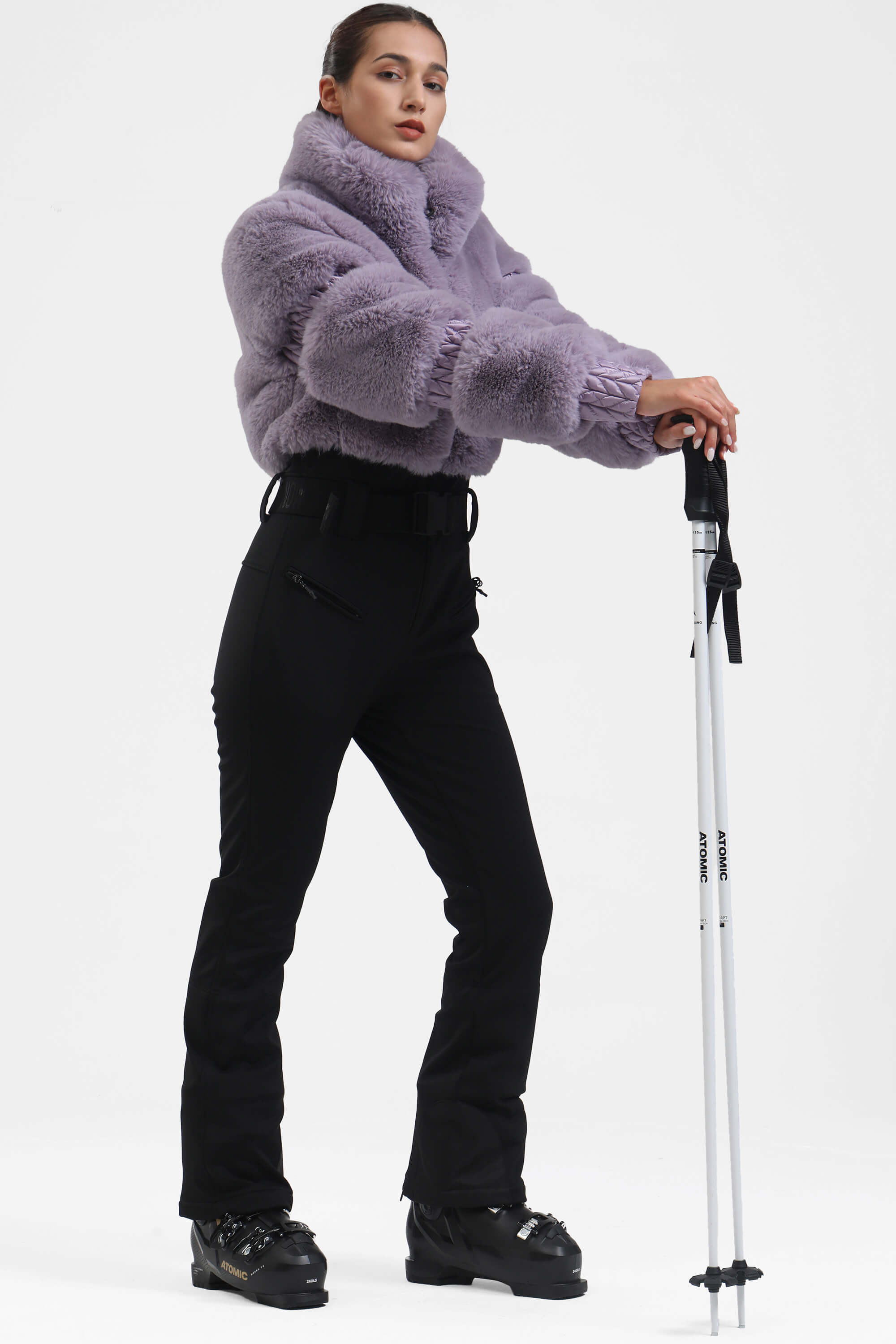 Elegant Women's Grey Faux-Fur One-Piece Ski Suit