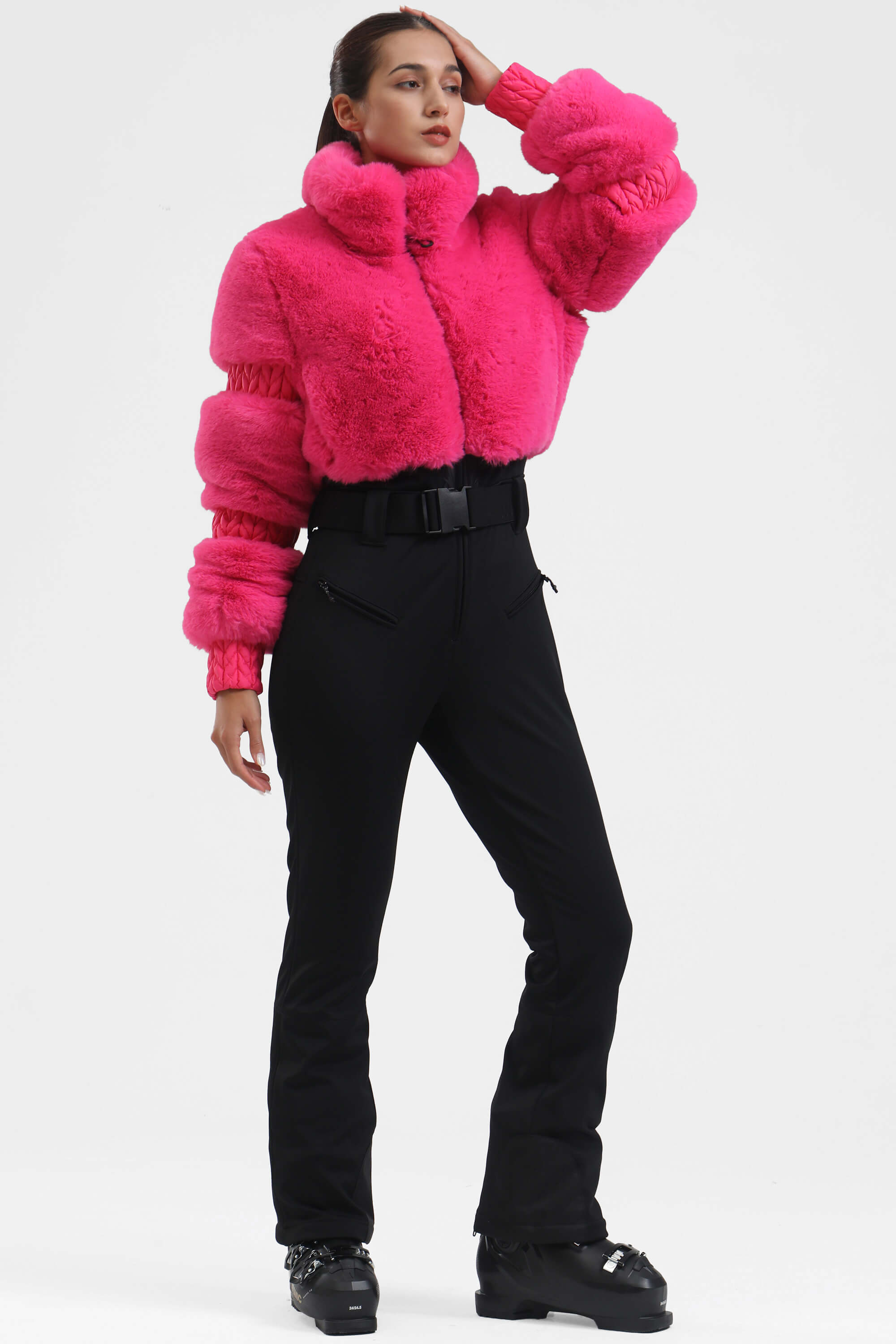 Elegant Women's Grey Faux-Fur One-Piece Ski Suit