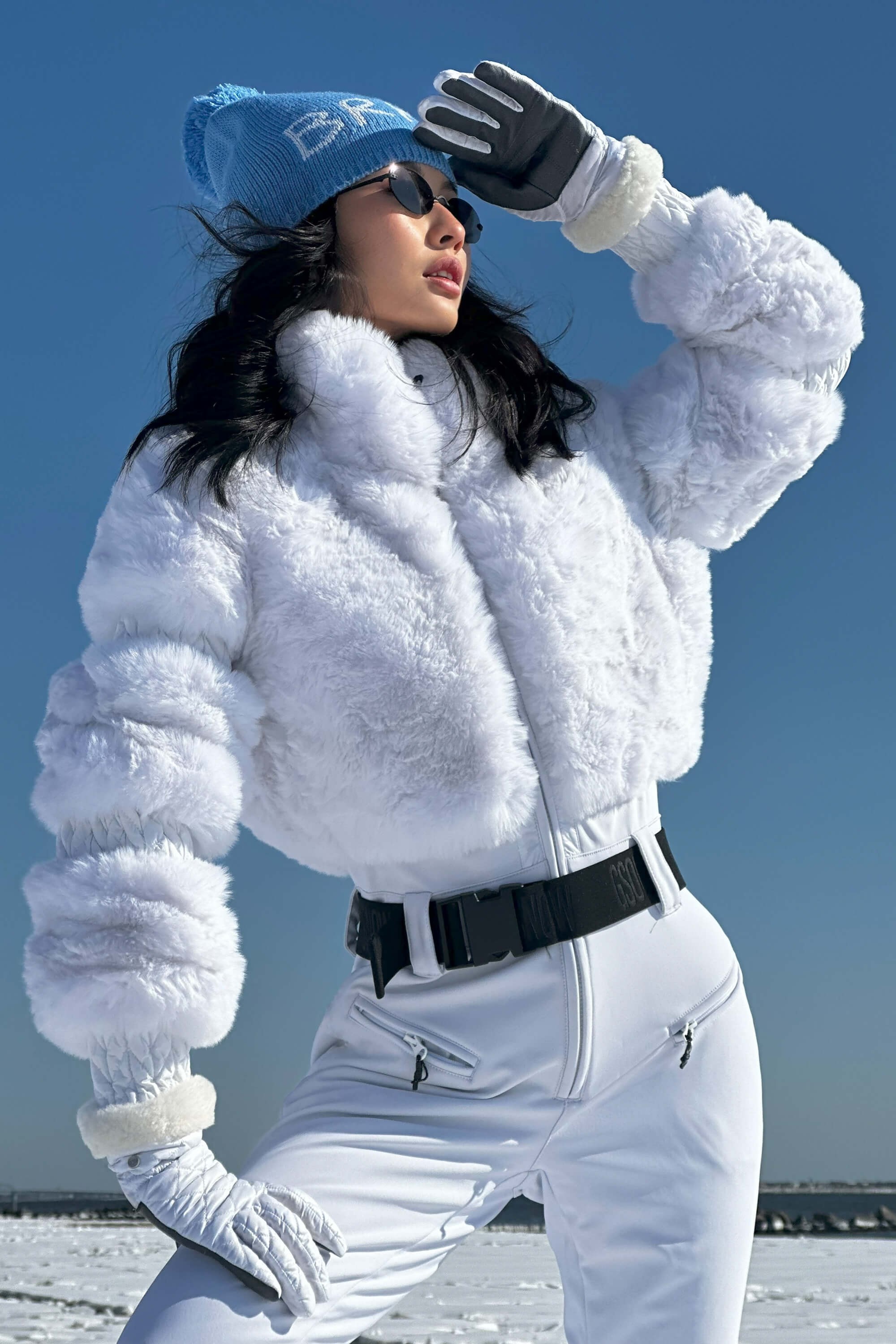 Elegant Women's Grey Faux-Fur One-Piece Ski Suit