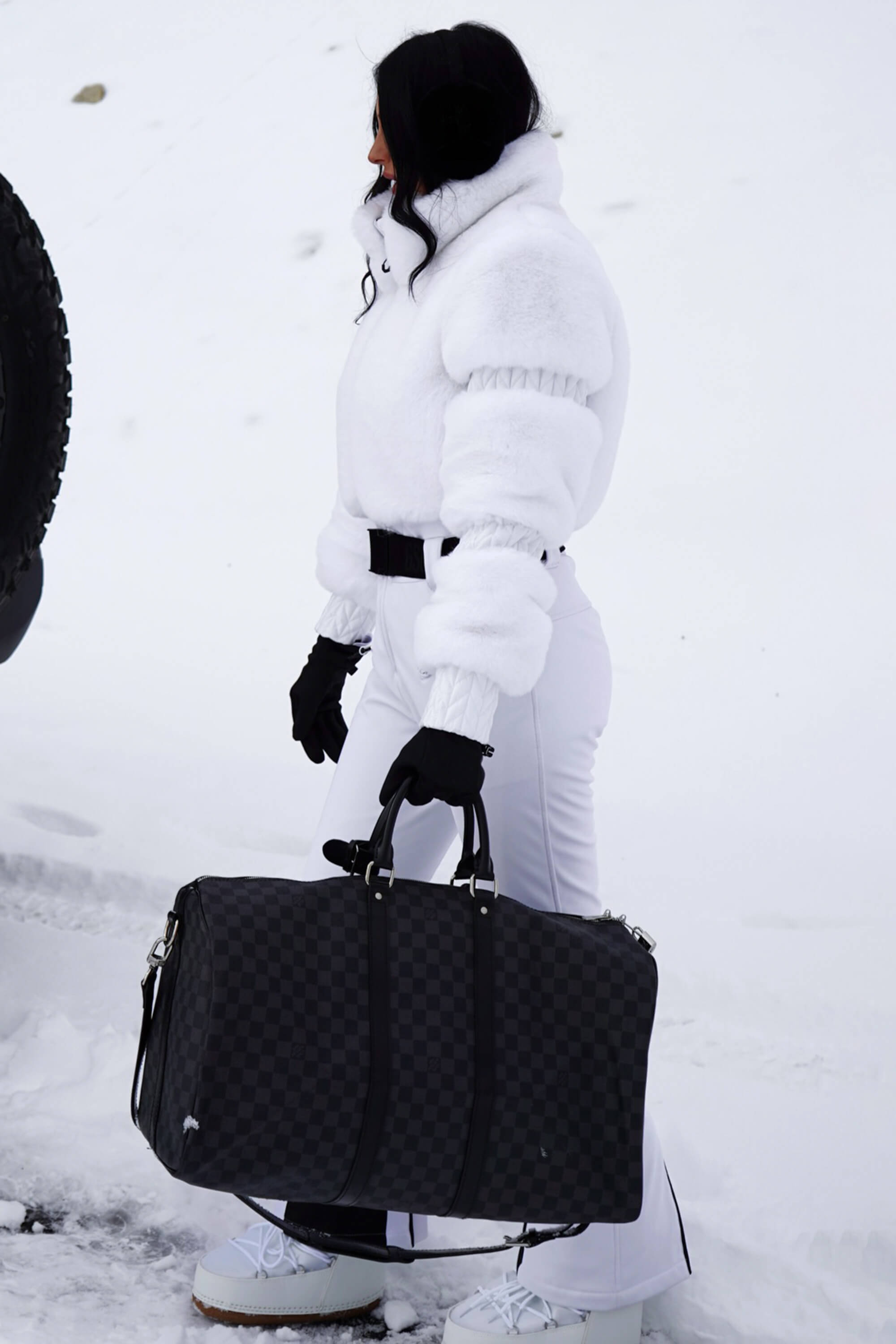 Elegant Women's Grey Faux-Fur One-Piece Ski Suit