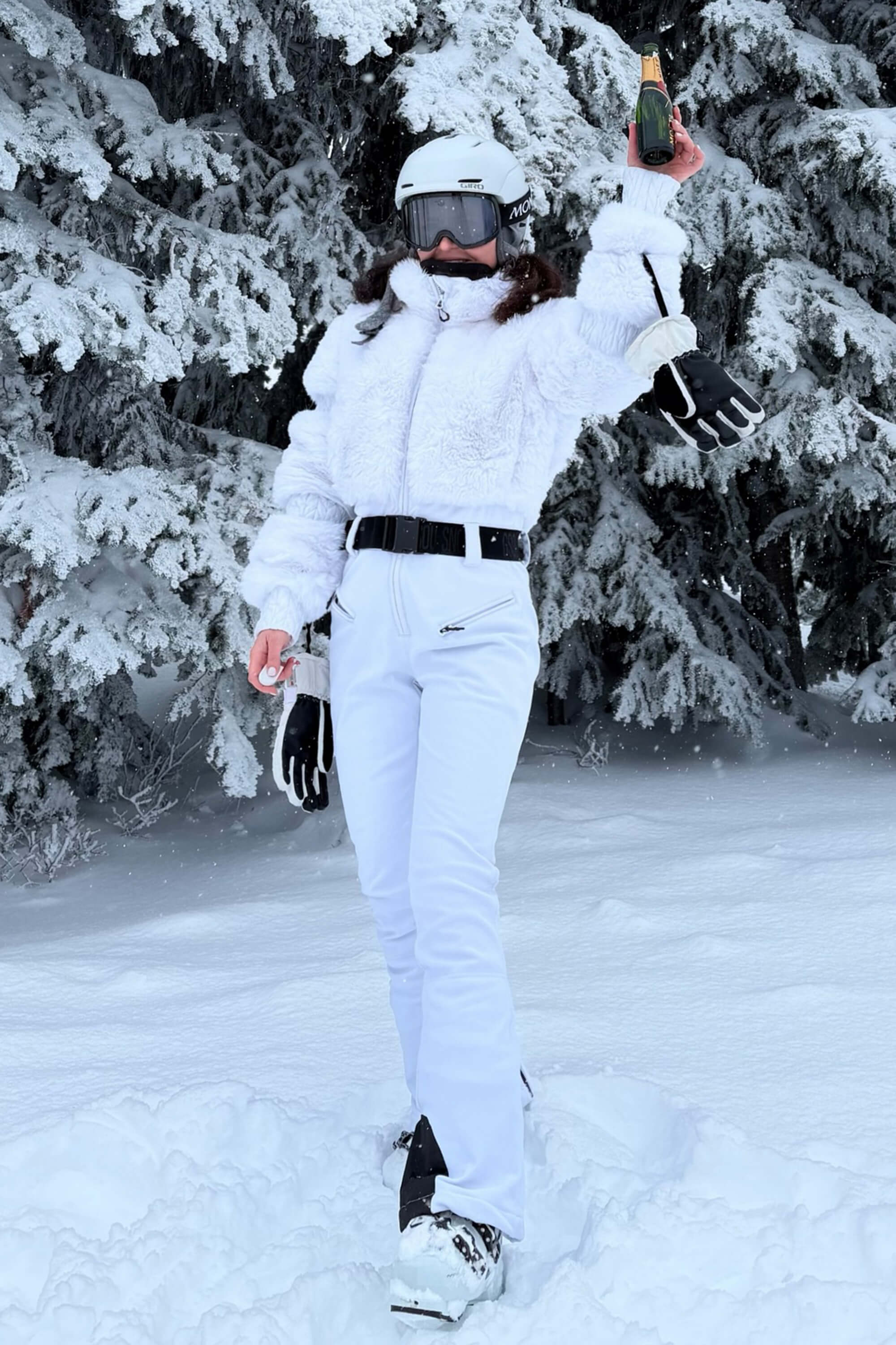 Elegant Women's White Faux-Fur One-Piece Ski Suit