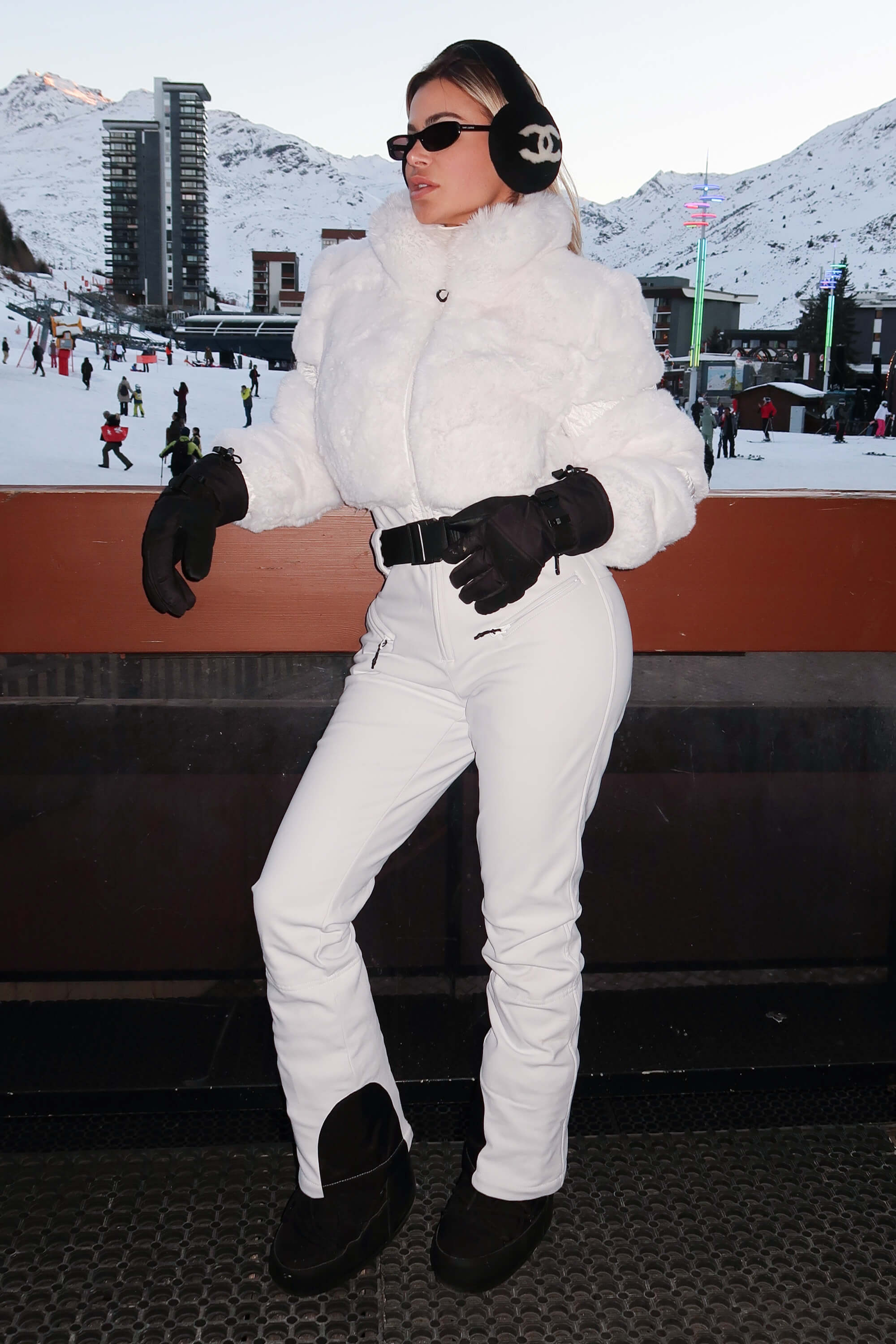 Elegant Women's White Faux-Fur One-Piece Ski Suit