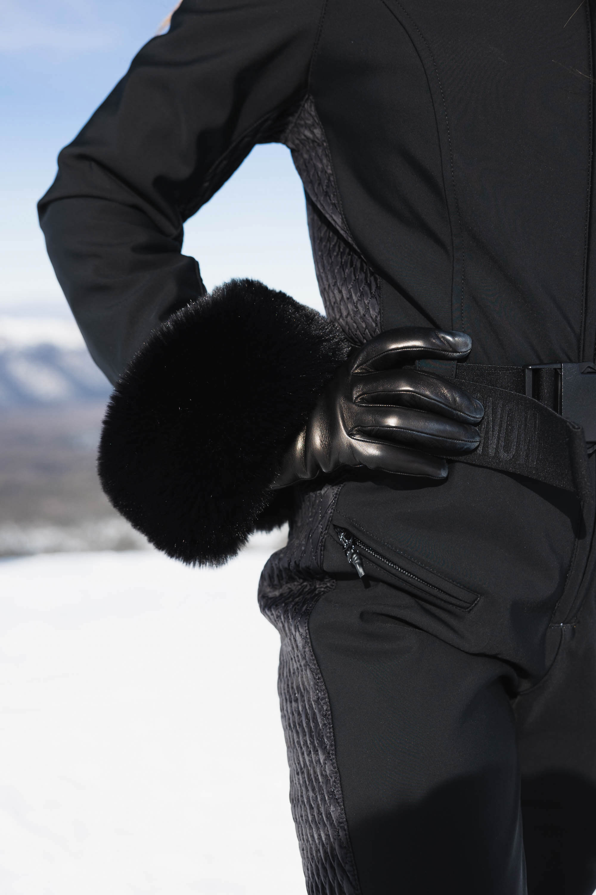 Women's Grey Faux Fur Shirred Waterproof One-Piece Ski Suit