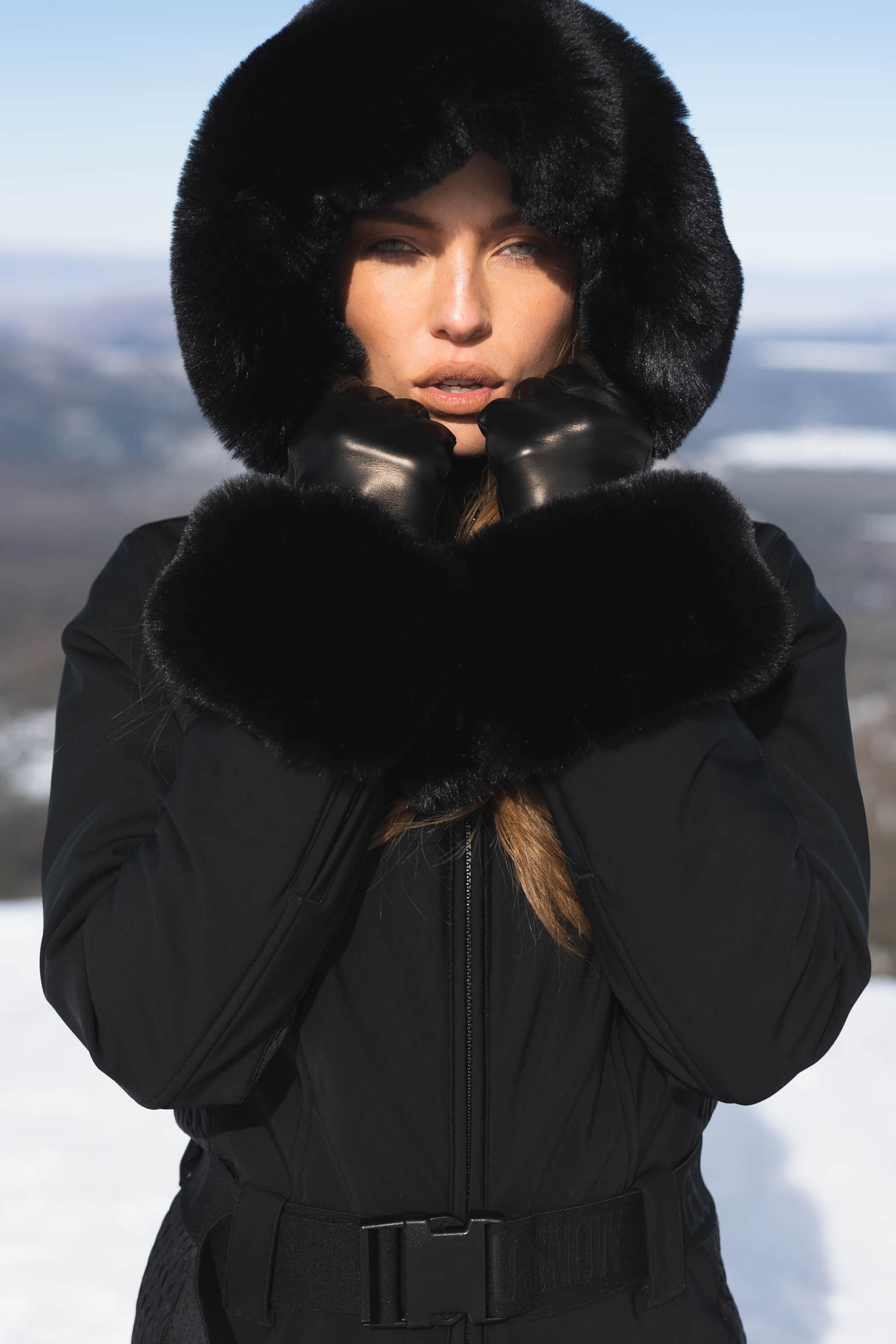 Women's Black Faux Fur Shirred Waterproof One-Piece Ski Suit