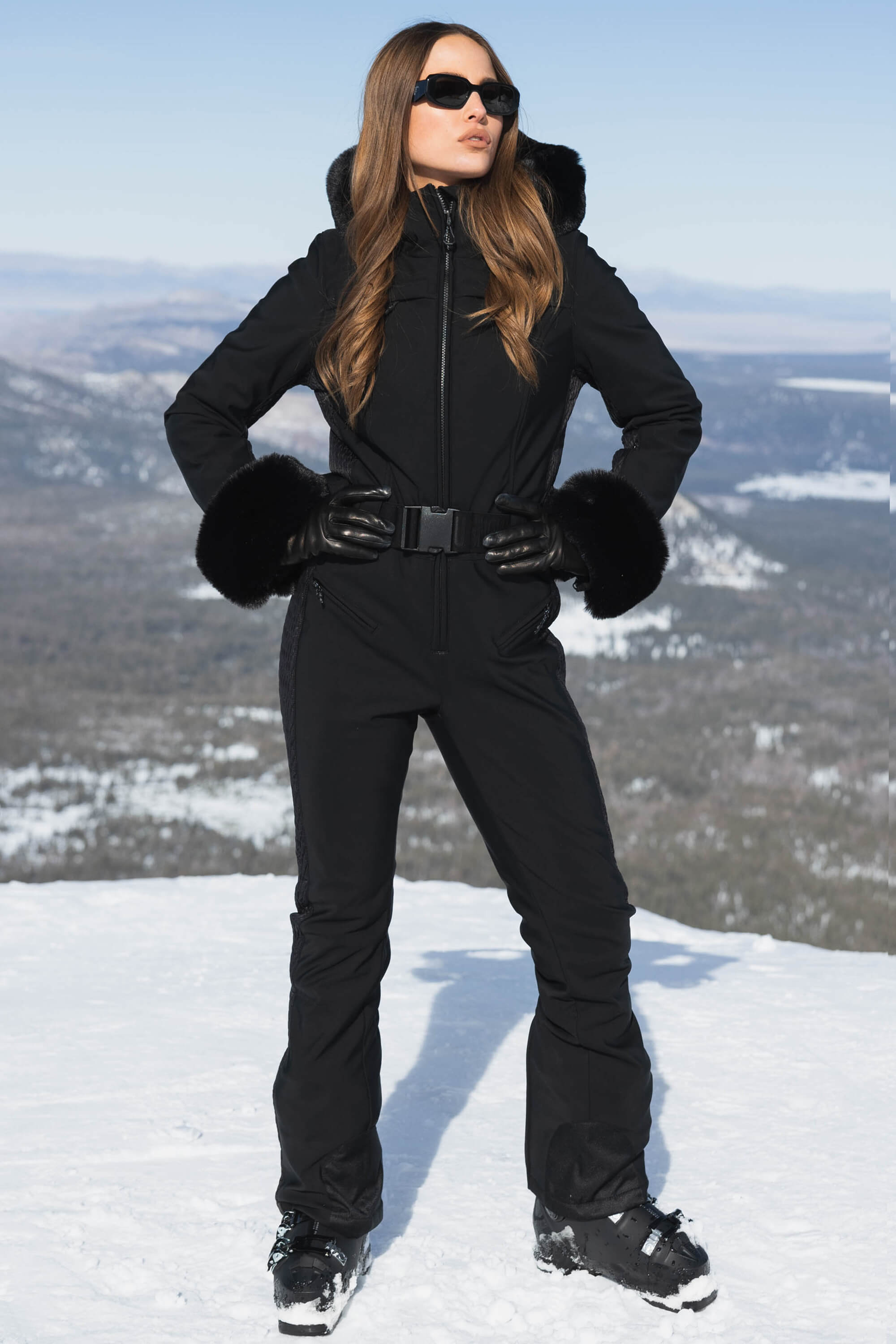 Women's Black Faux Fur Shirred Waterproof One-Piece Ski Suit