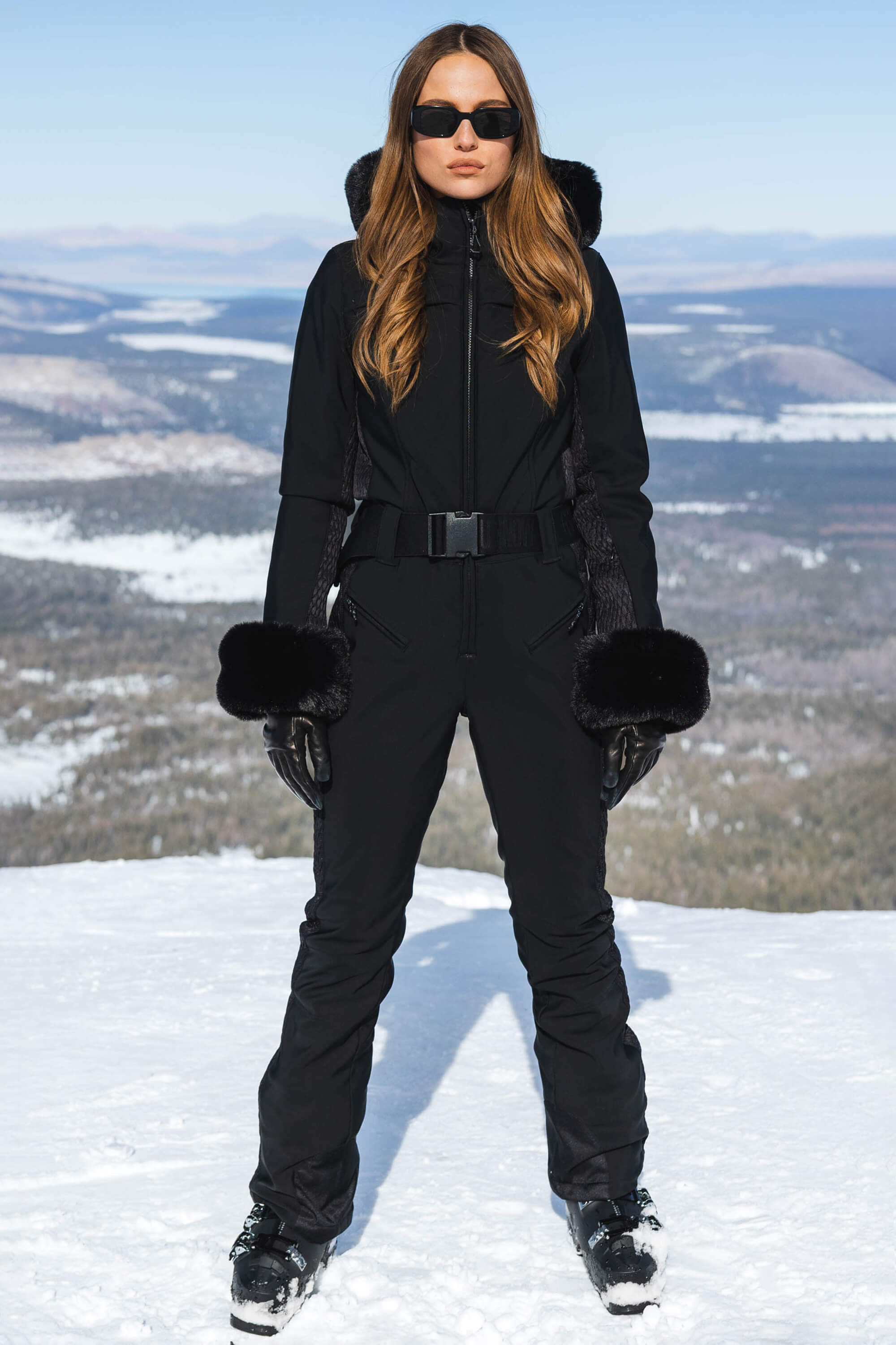 Women's Black Faux Fur Shirred Waterproof One-Piece Ski Suit