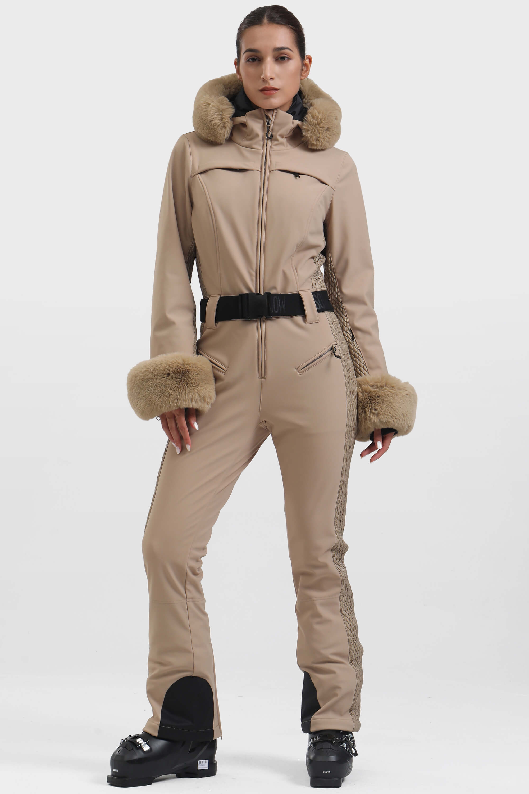 Women's Khaki Faux Fur Shirred Waterproof One-Piece Ski Suit