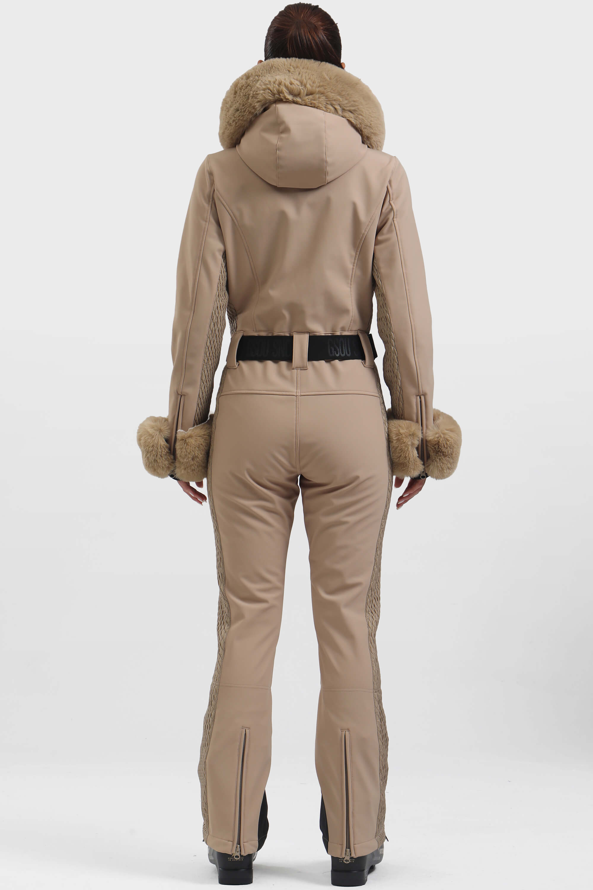 Women's Khaki Faux Fur Shirred Waterproof One-Piece Ski Suit