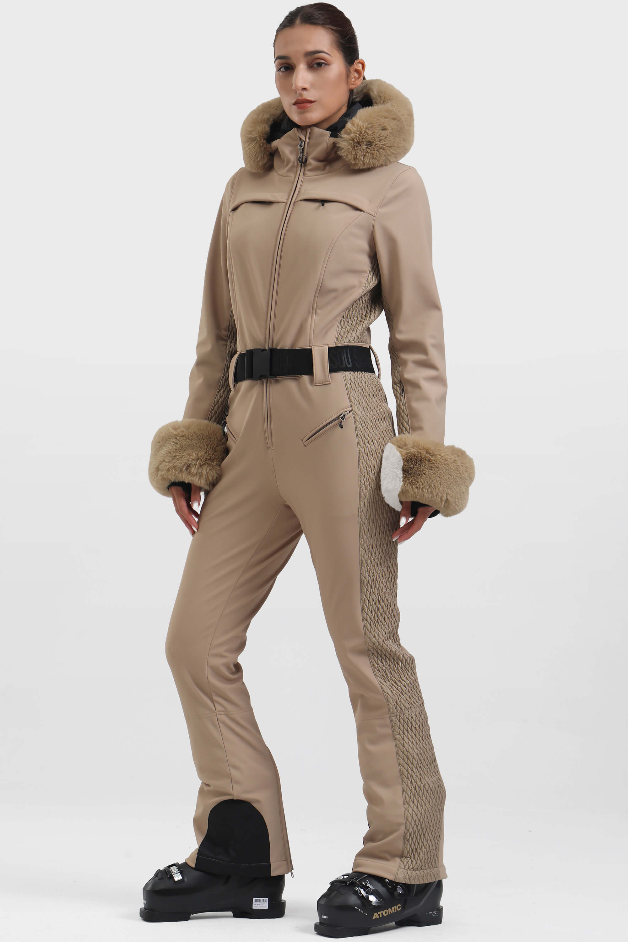 Women's Khaki Faux Fur Shirred Waterproof One-Piece Ski Suit