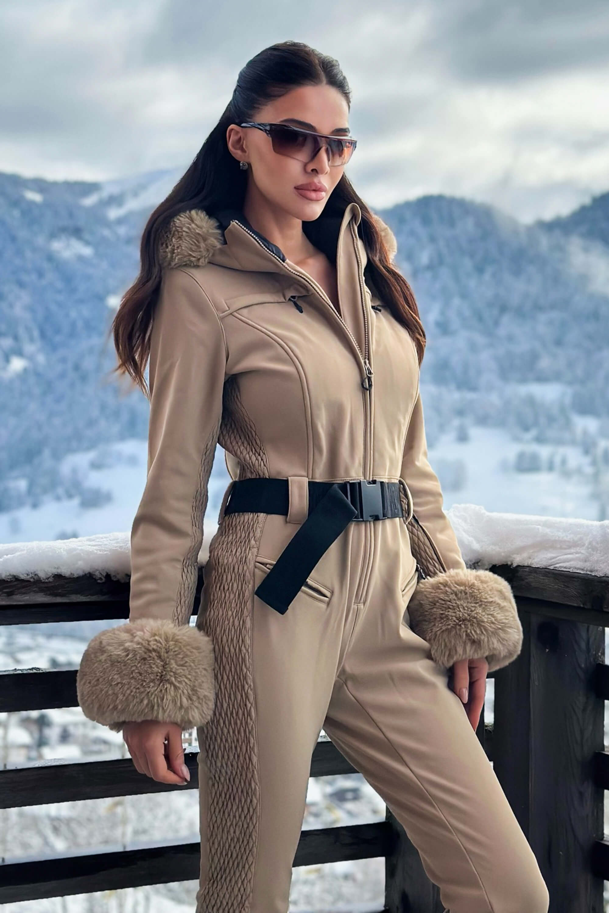 Women's Grey Faux Fur Shirred Waterproof One-Piece Ski Suit