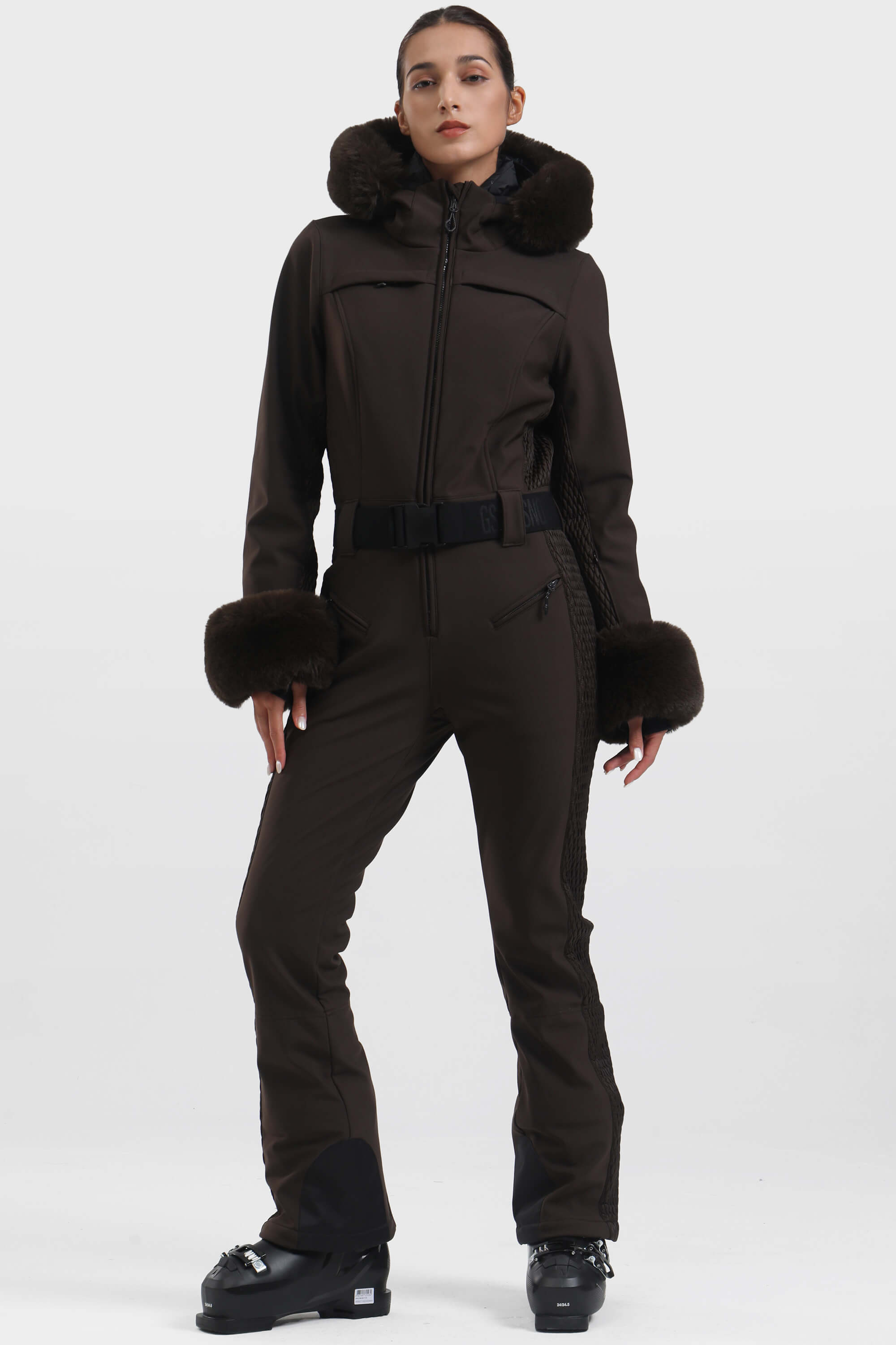 Women's Grey Faux Fur Shirred Waterproof One-Piece Ski Suit