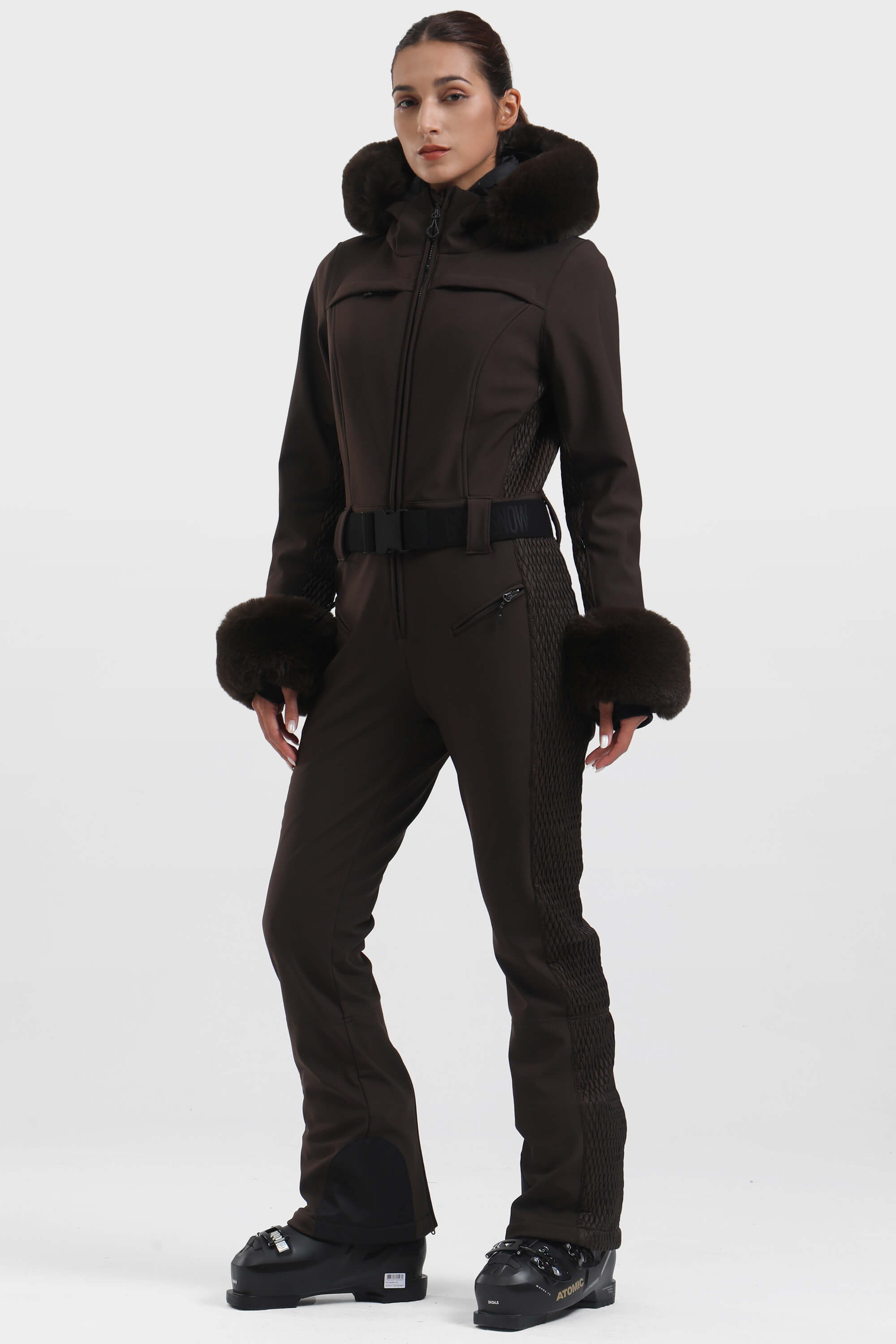 Women's Dark Brown Faux Fur Shirred Waterproof One-Piece Ski Suit