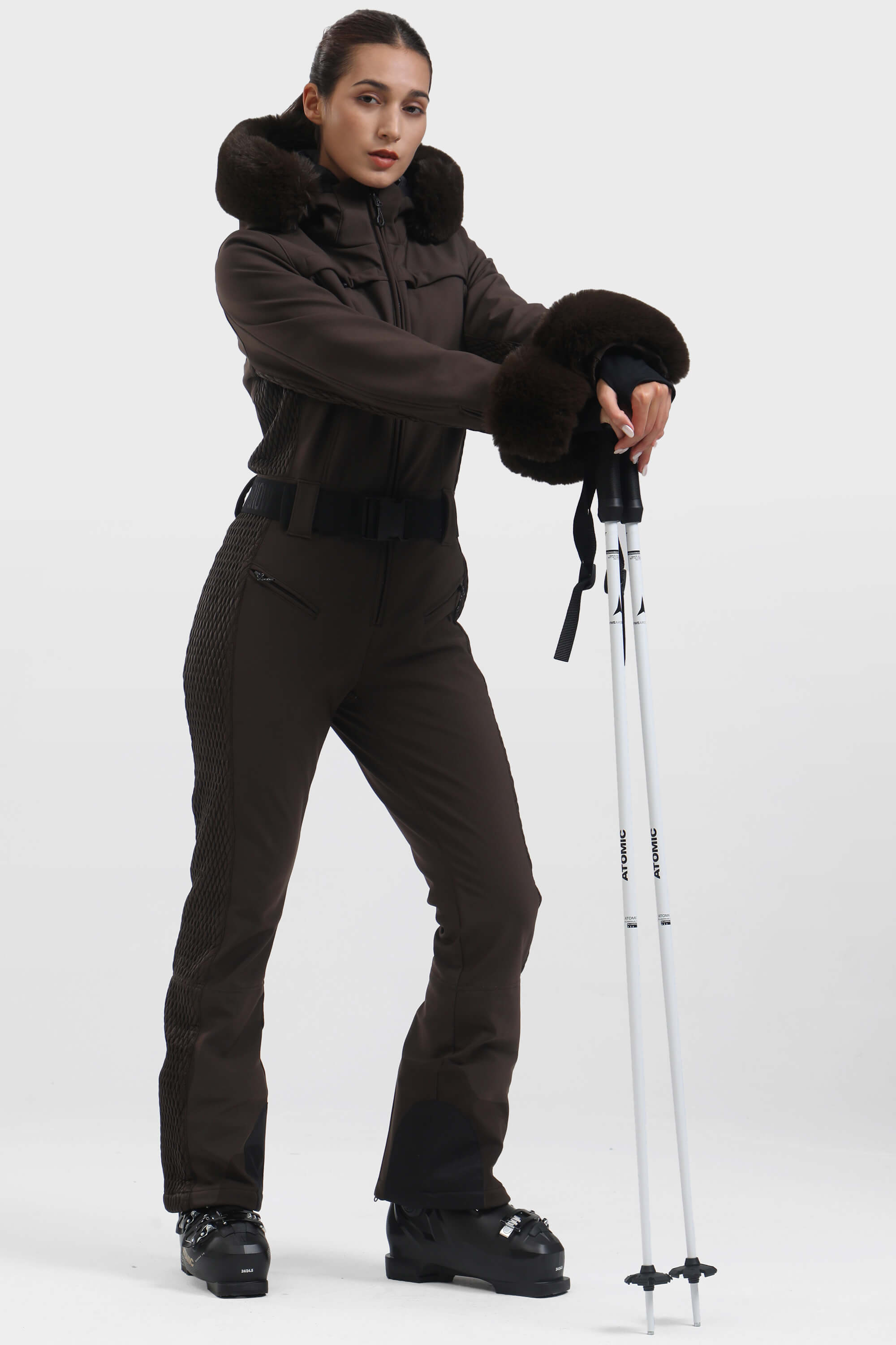 Women's Dark Brown Faux Fur Shirred Waterproof One-Piece Ski Suit
