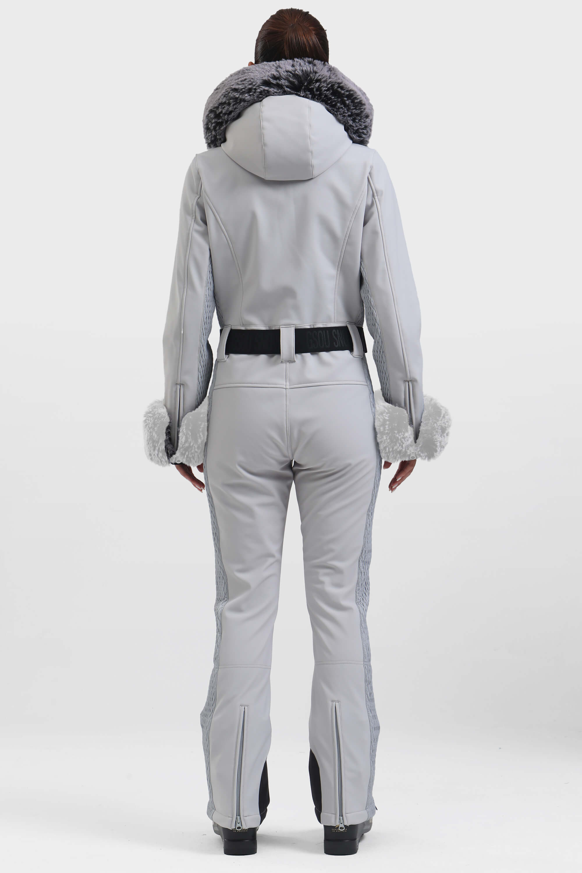 Women's Grey Faux Fur Shirred Waterproof One-Piece Ski Suit