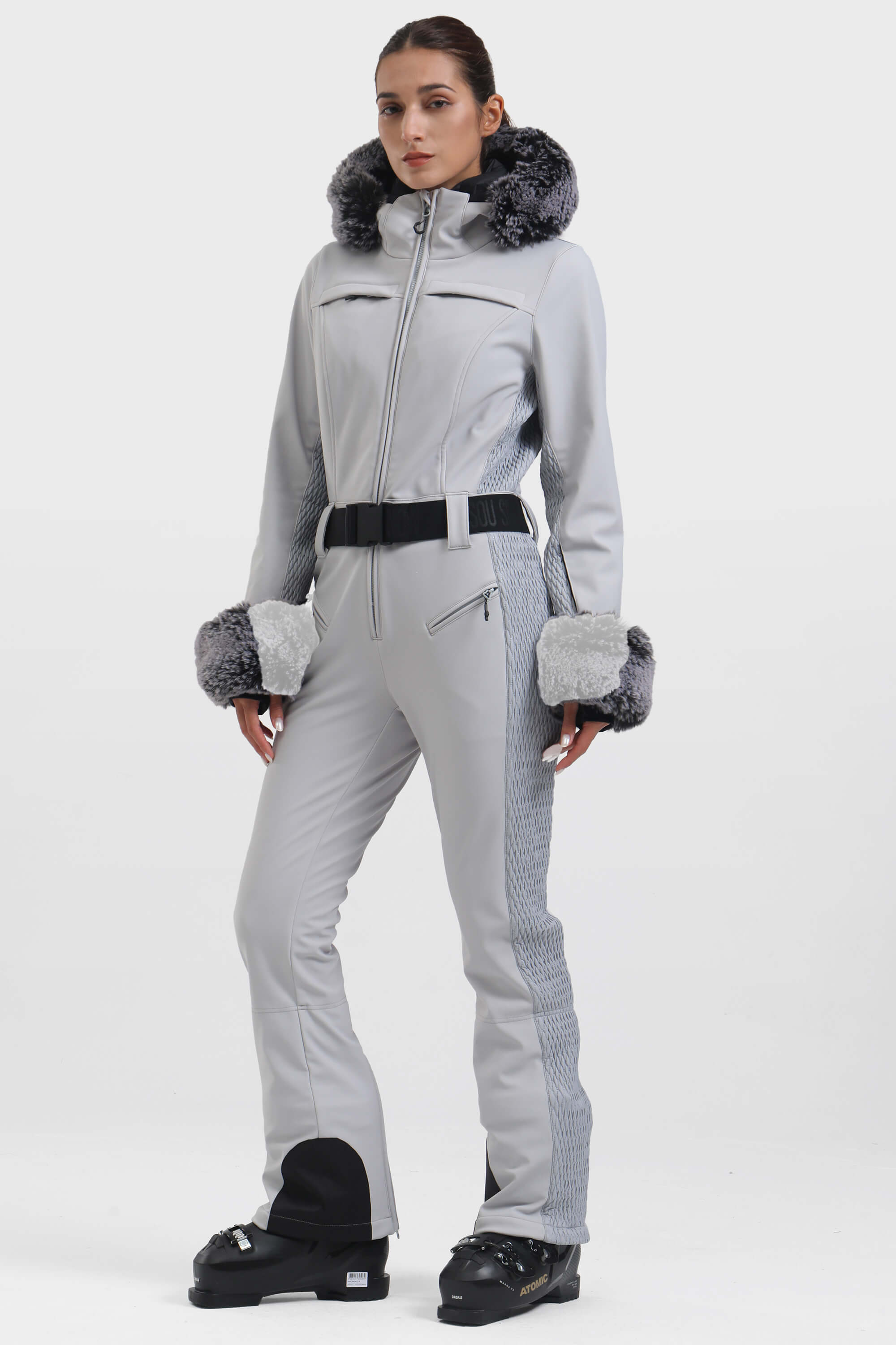 Women's Grey Faux Fur Shirred Waterproof One-Piece Ski Suit