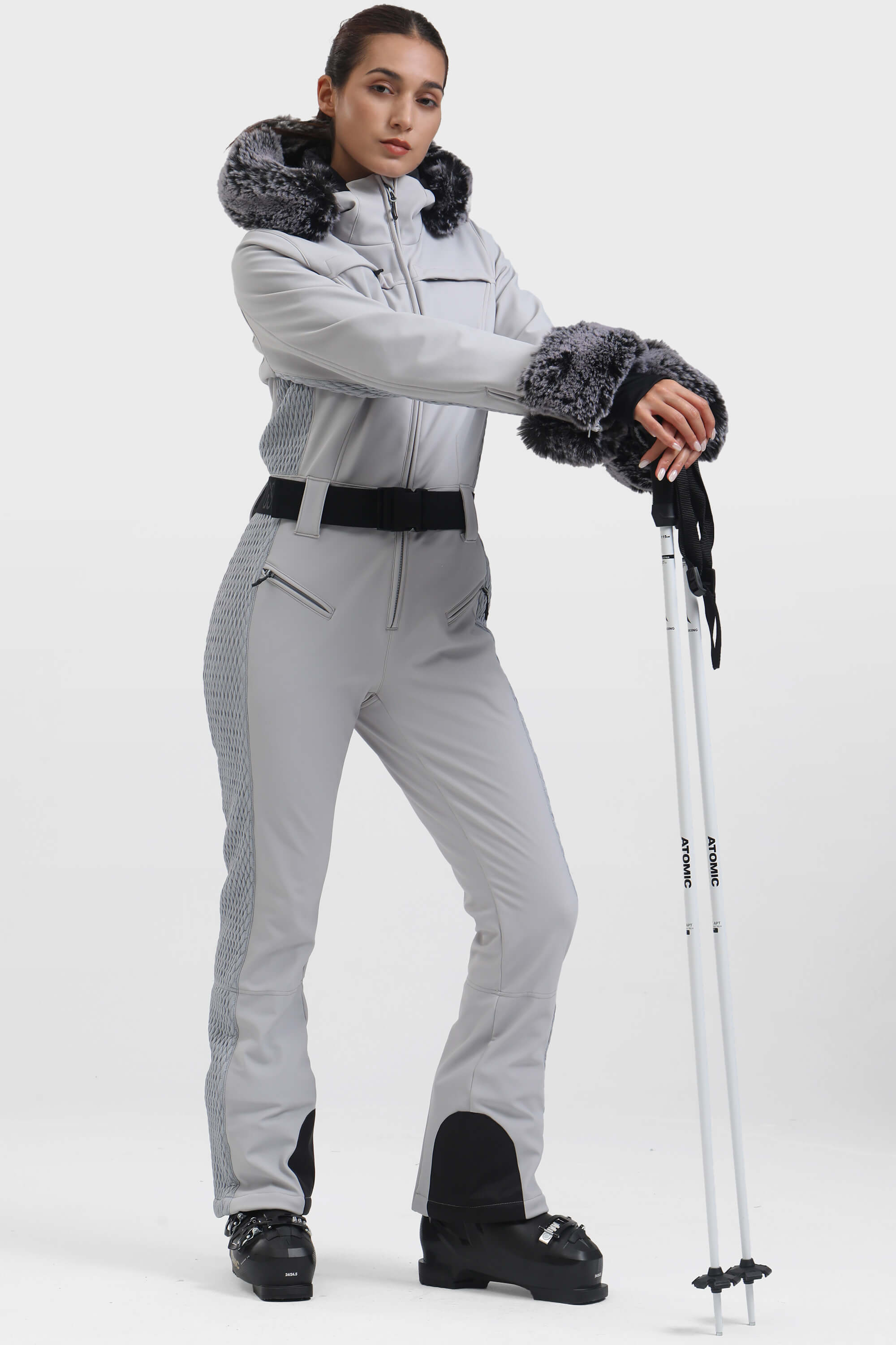 Women's Grey Faux Fur Shirred Waterproof One-Piece Ski Suit