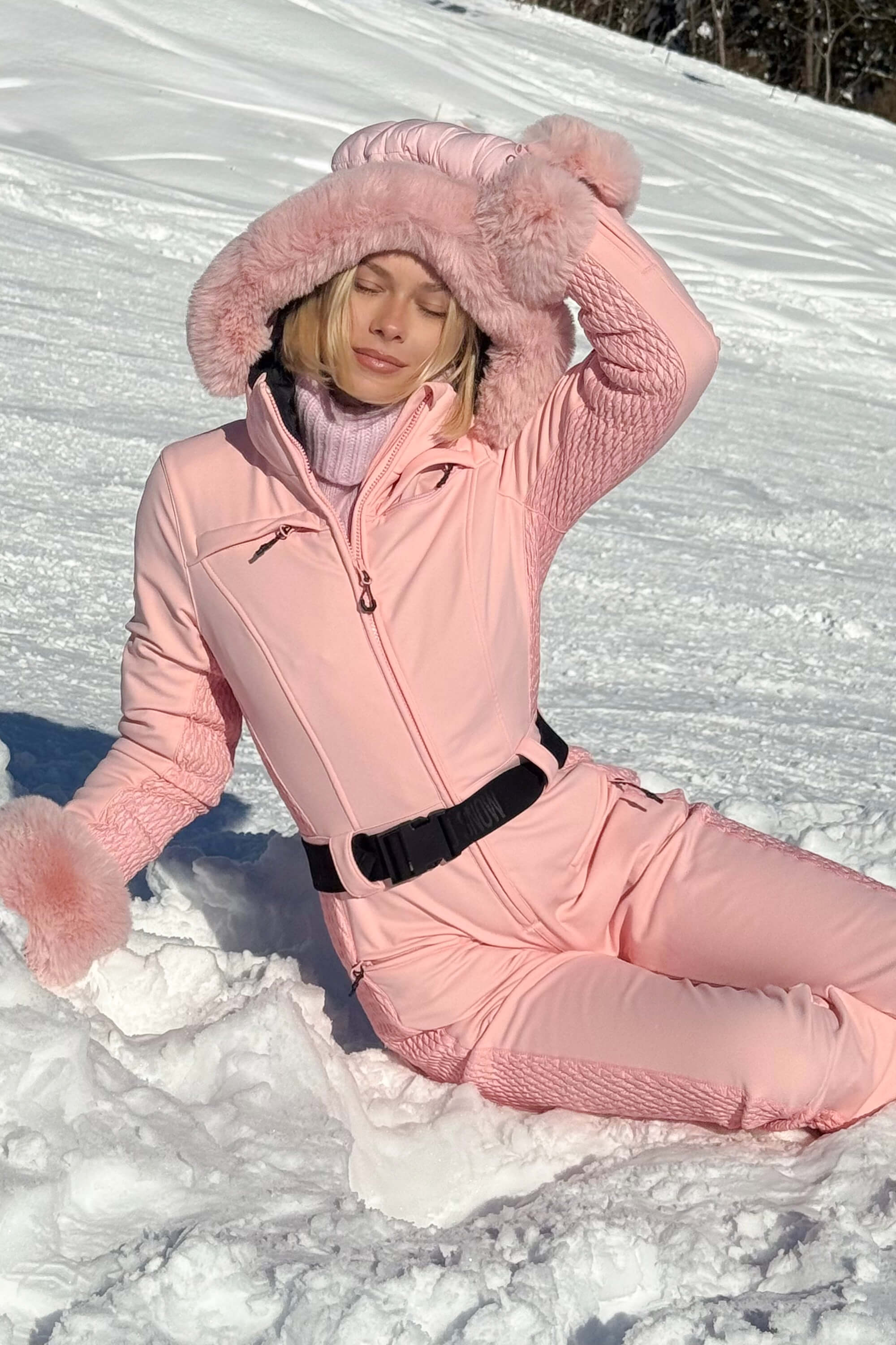 Women's Grey Faux Fur Shirred Waterproof One-Piece Ski Suit