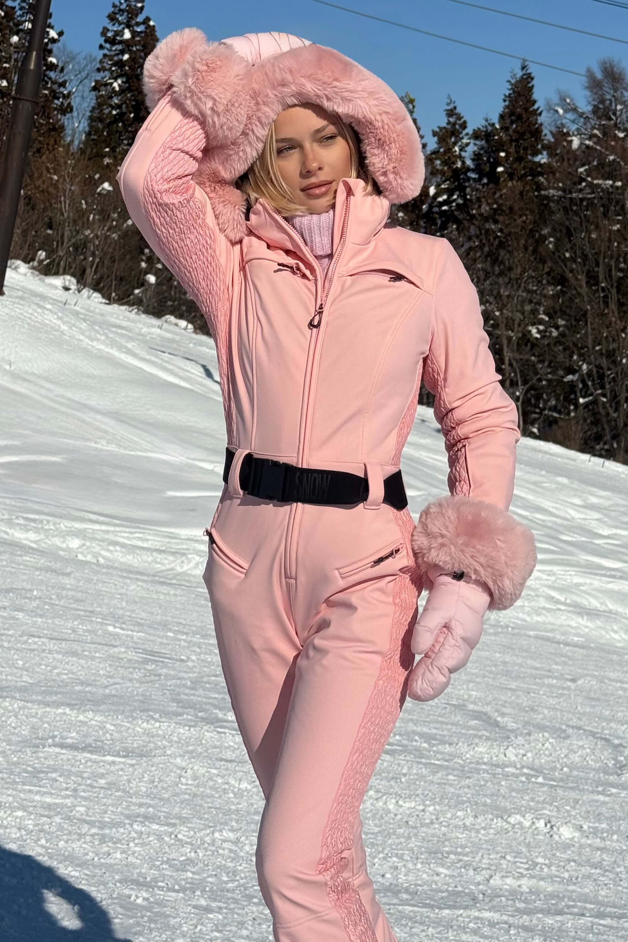 Women's Grey Faux Fur Shirred Waterproof One-Piece Ski Suit