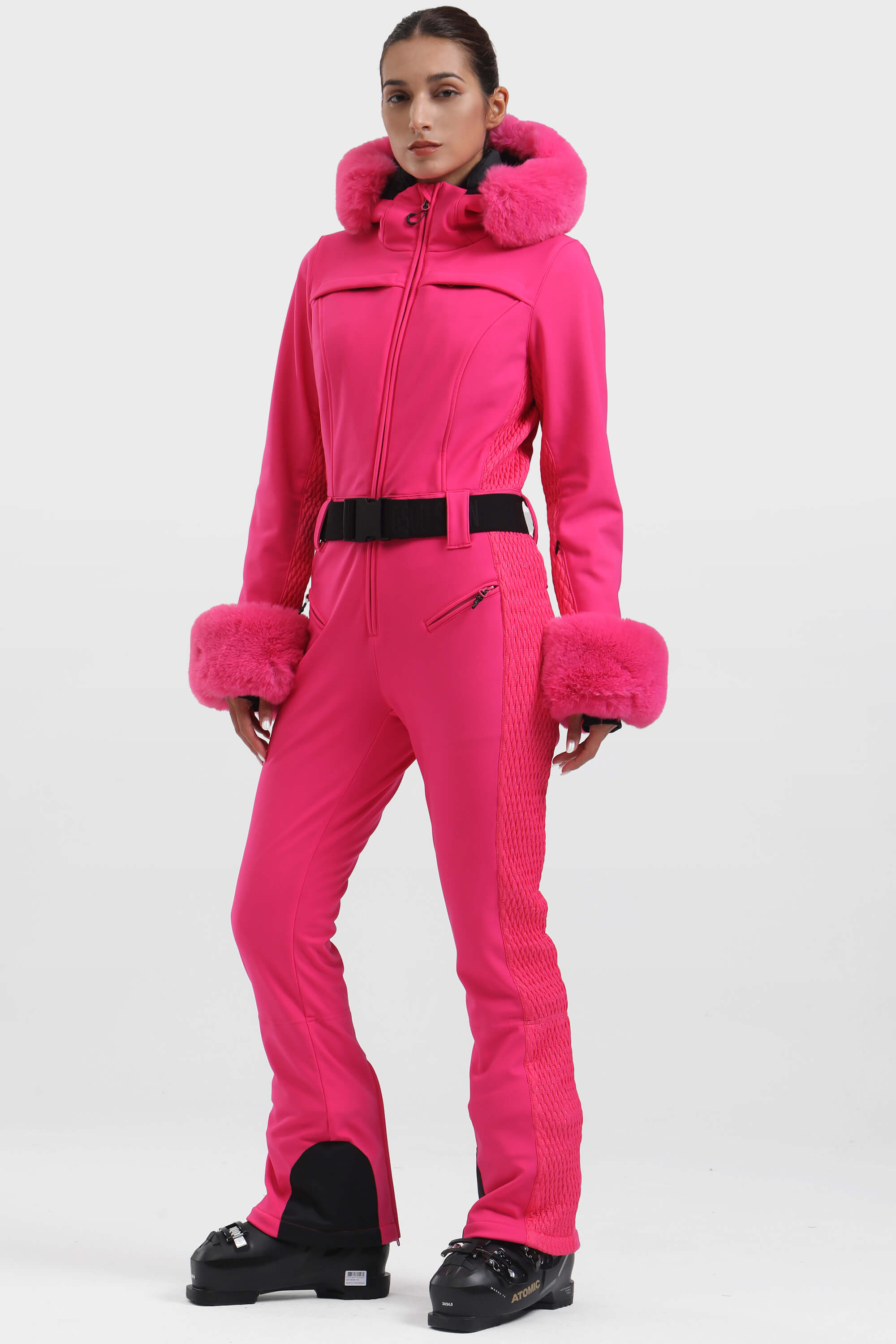 Women's Grey Faux Fur Shirred Waterproof One-Piece Ski Suit