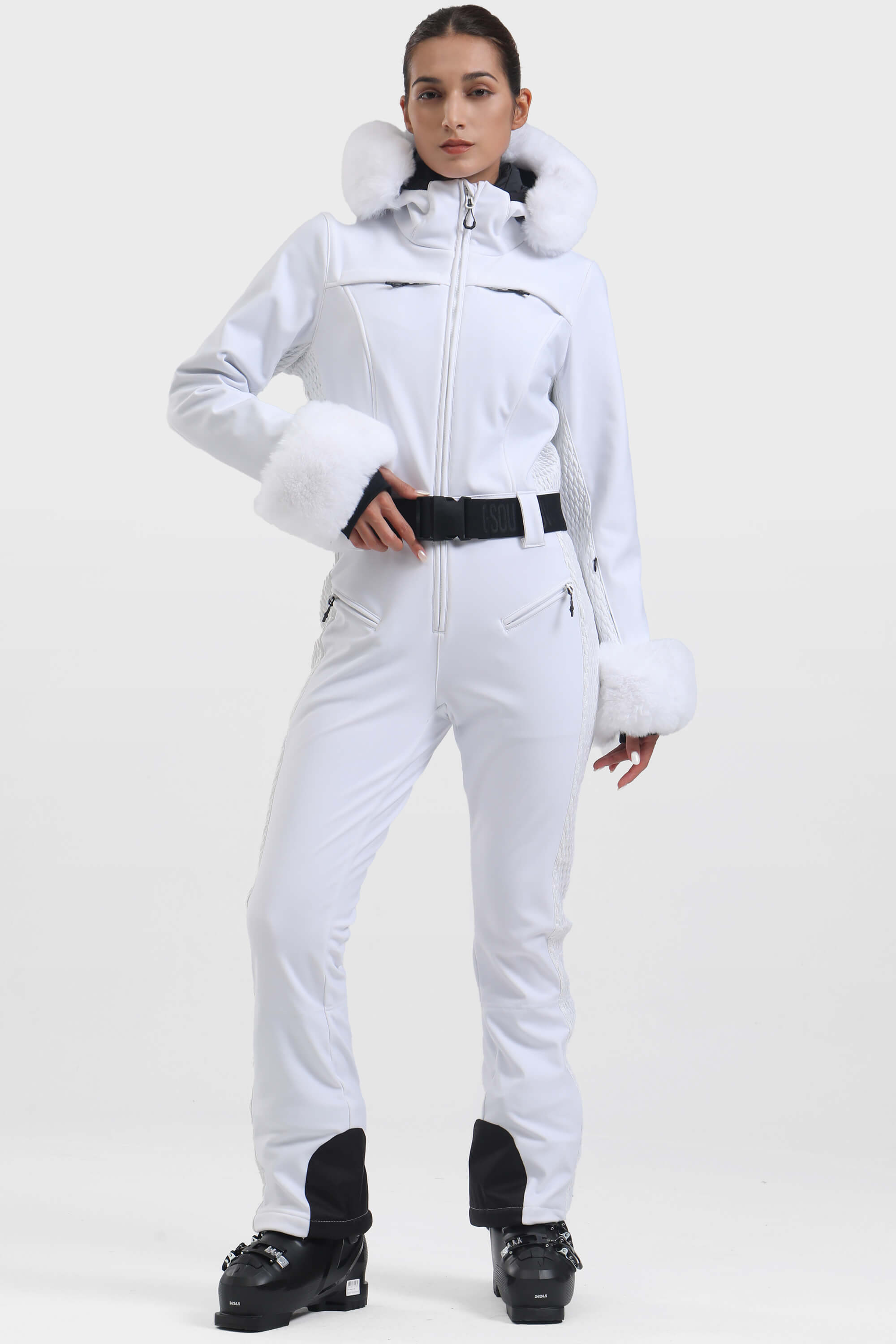 Women's Grey Faux Fur Shirred Waterproof One-Piece Ski Suit