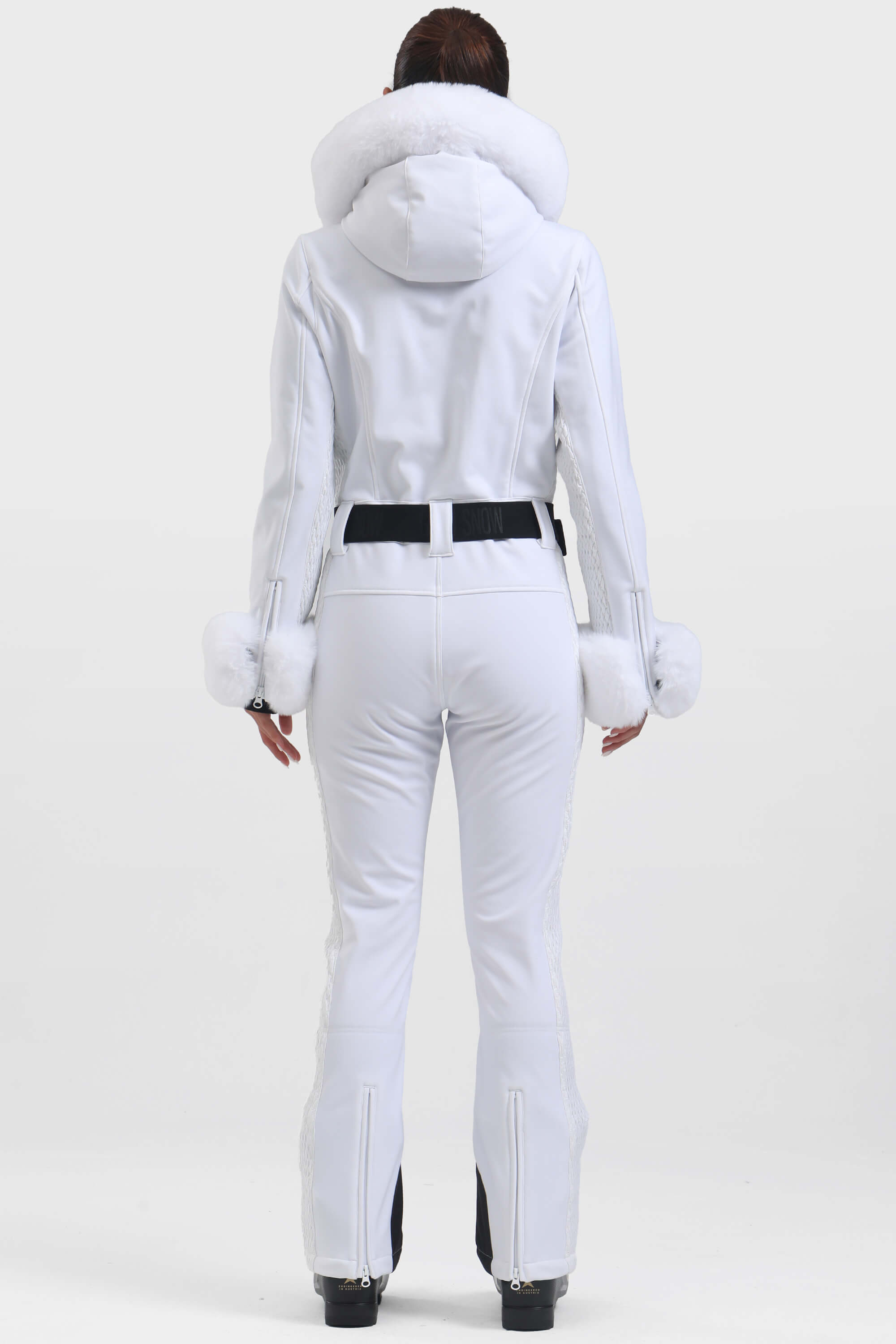 Women's White Faux Fur Shirred Waterproof One-Piece Ski Suit