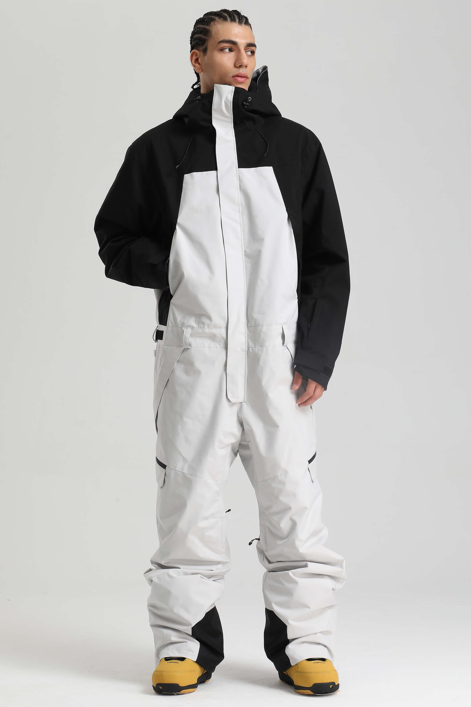 Men's Black Insulated Color-block Utility Baggy One-Piece Ski Suit