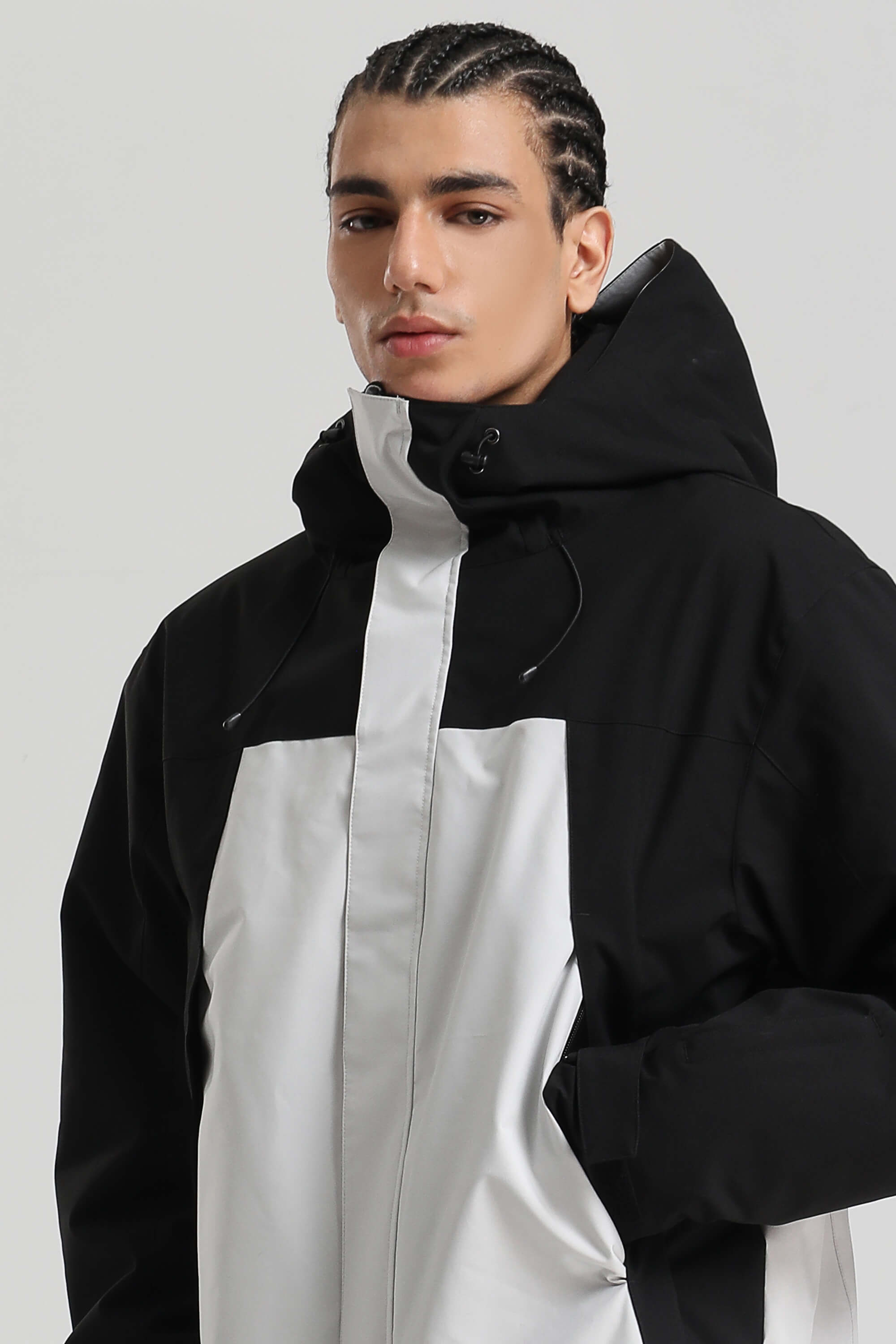 Men's Black & White Insulated Color-block Utility Baggy One-Piece Ski Suit