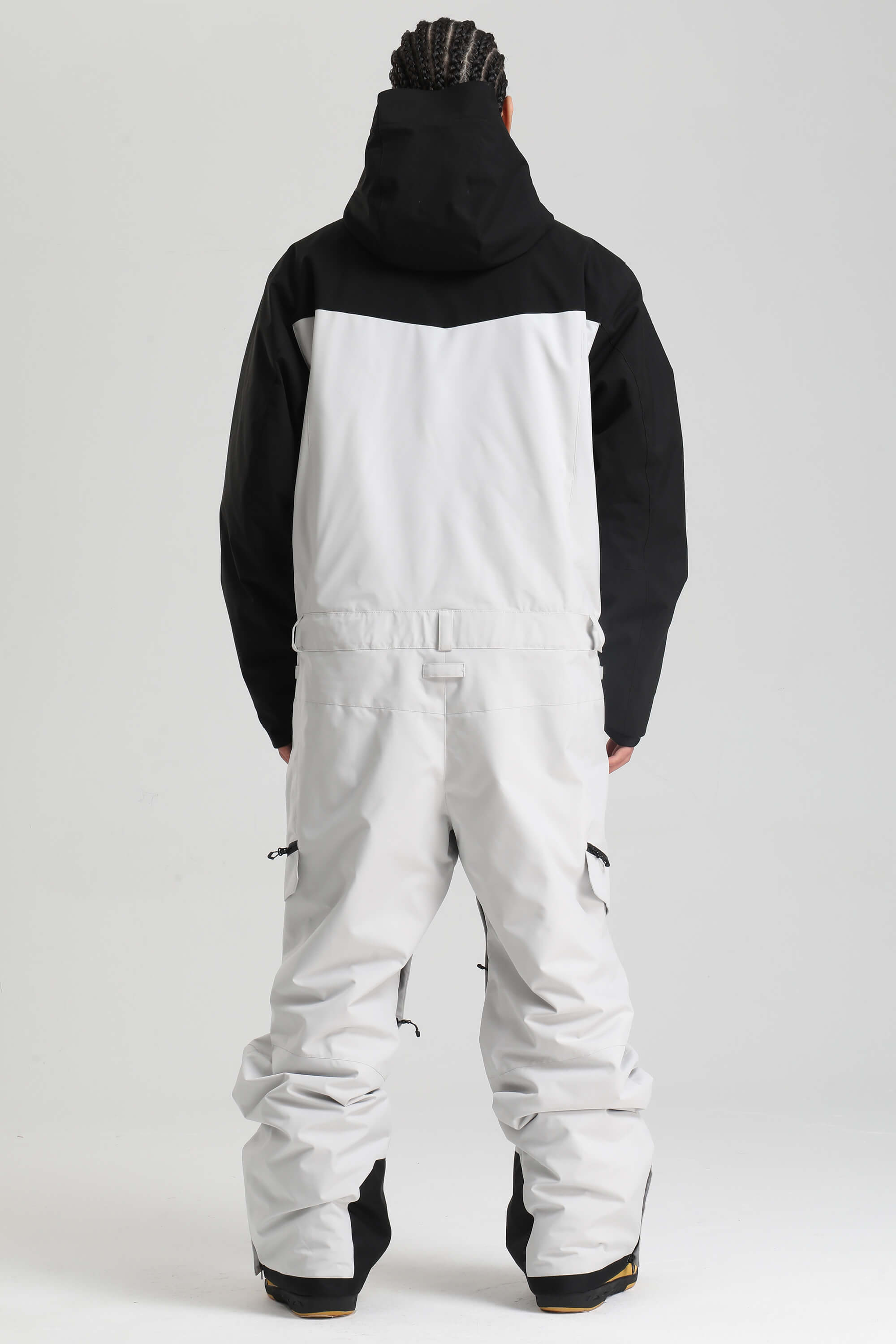 Men's Black & White Insulated Color-block Utility Baggy One-Piece Ski Suit