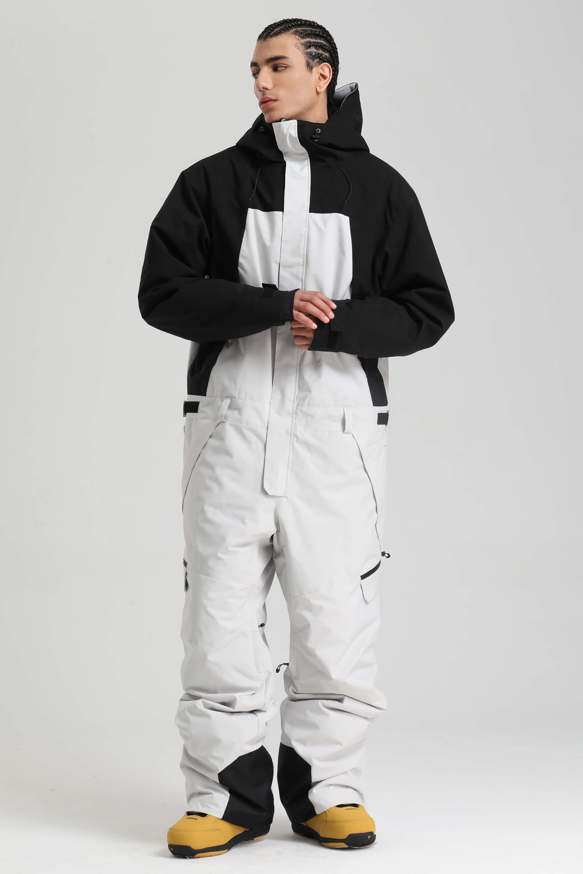 Men's Black & White Insulated Color-block Utility Baggy One-Piece Ski Suit