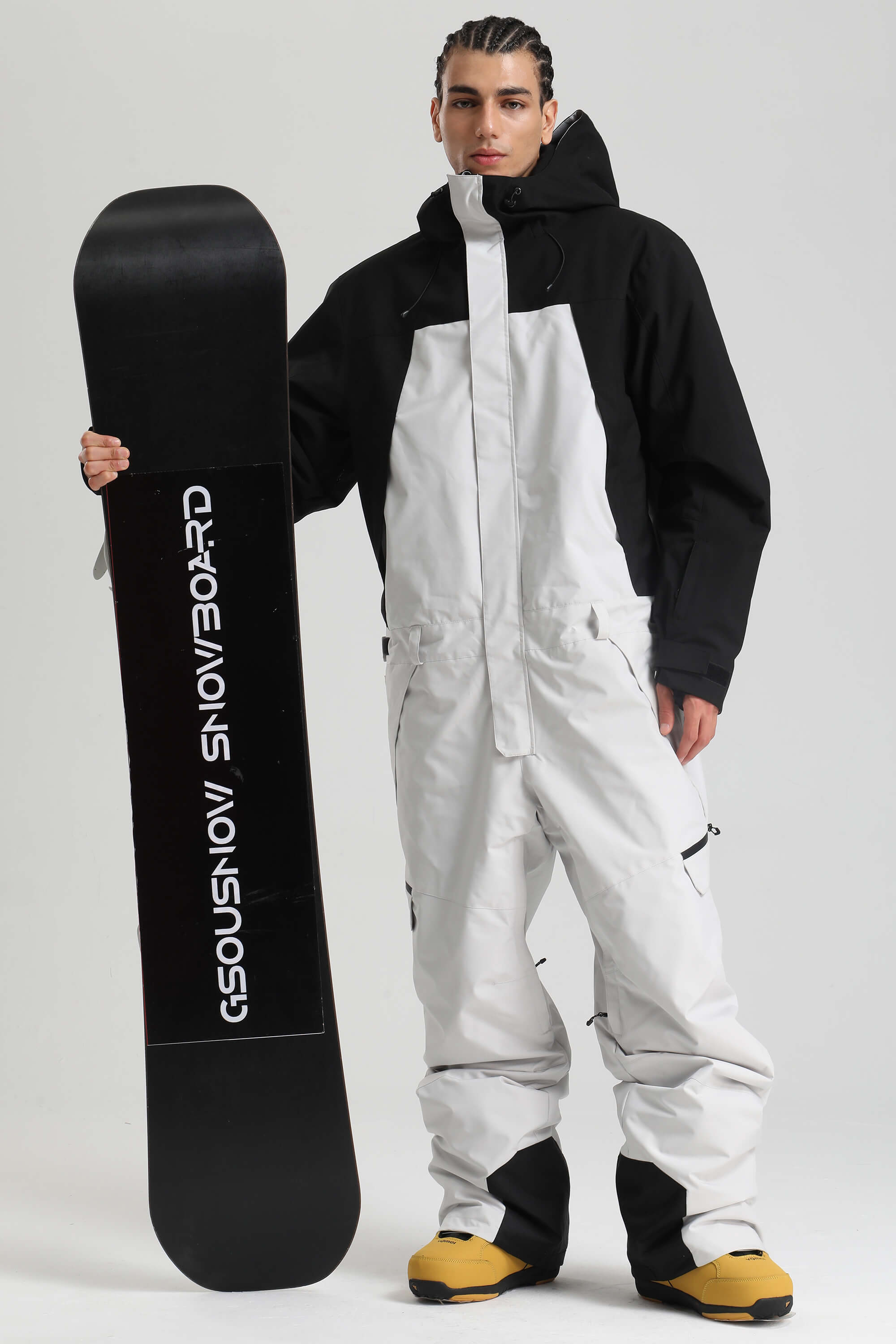 Men's Black Insulated Color-block Utility Baggy One-Piece Ski Suit
