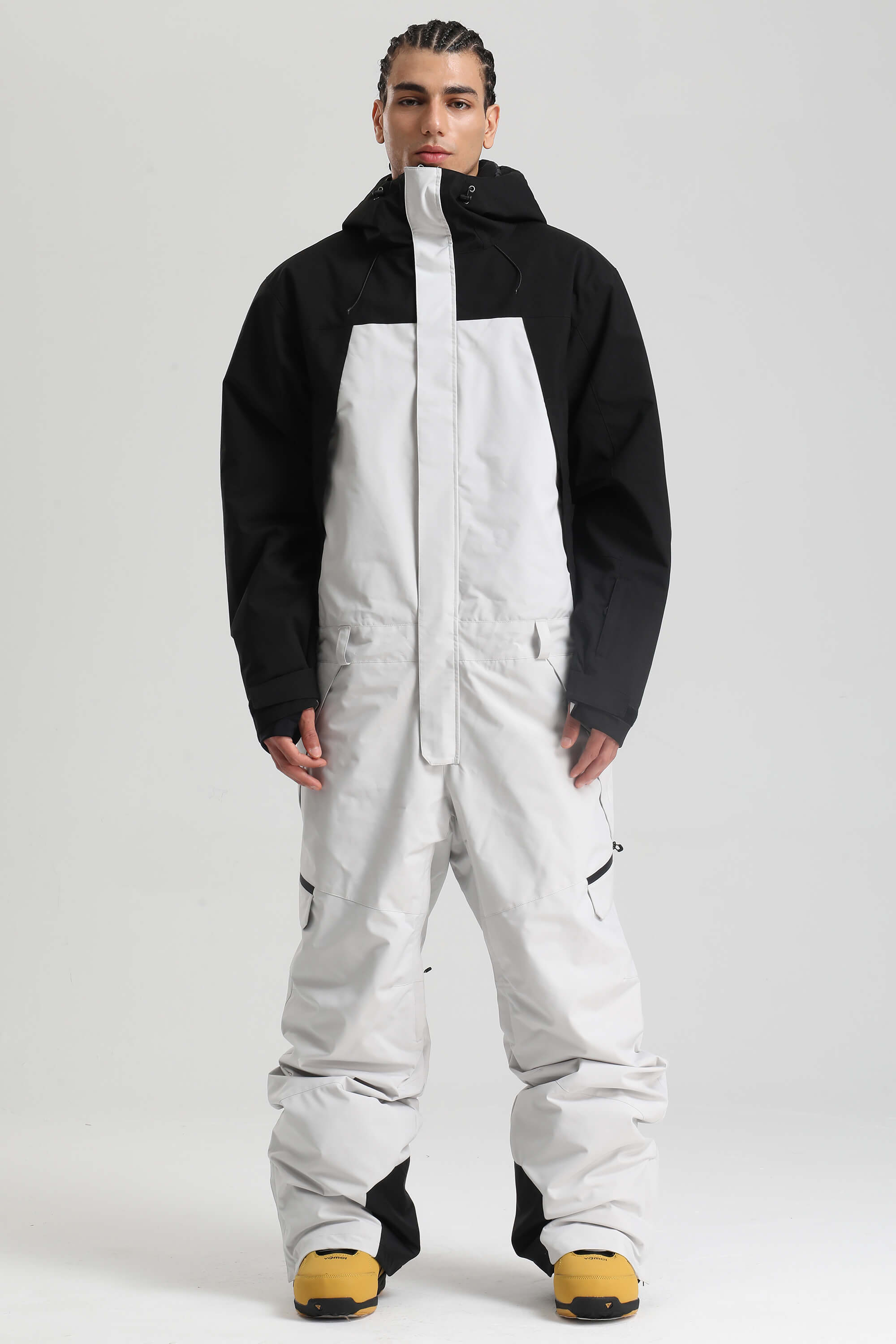 Men's Black & White Insulated Color-block Utility Baggy One-Piece Ski Suit