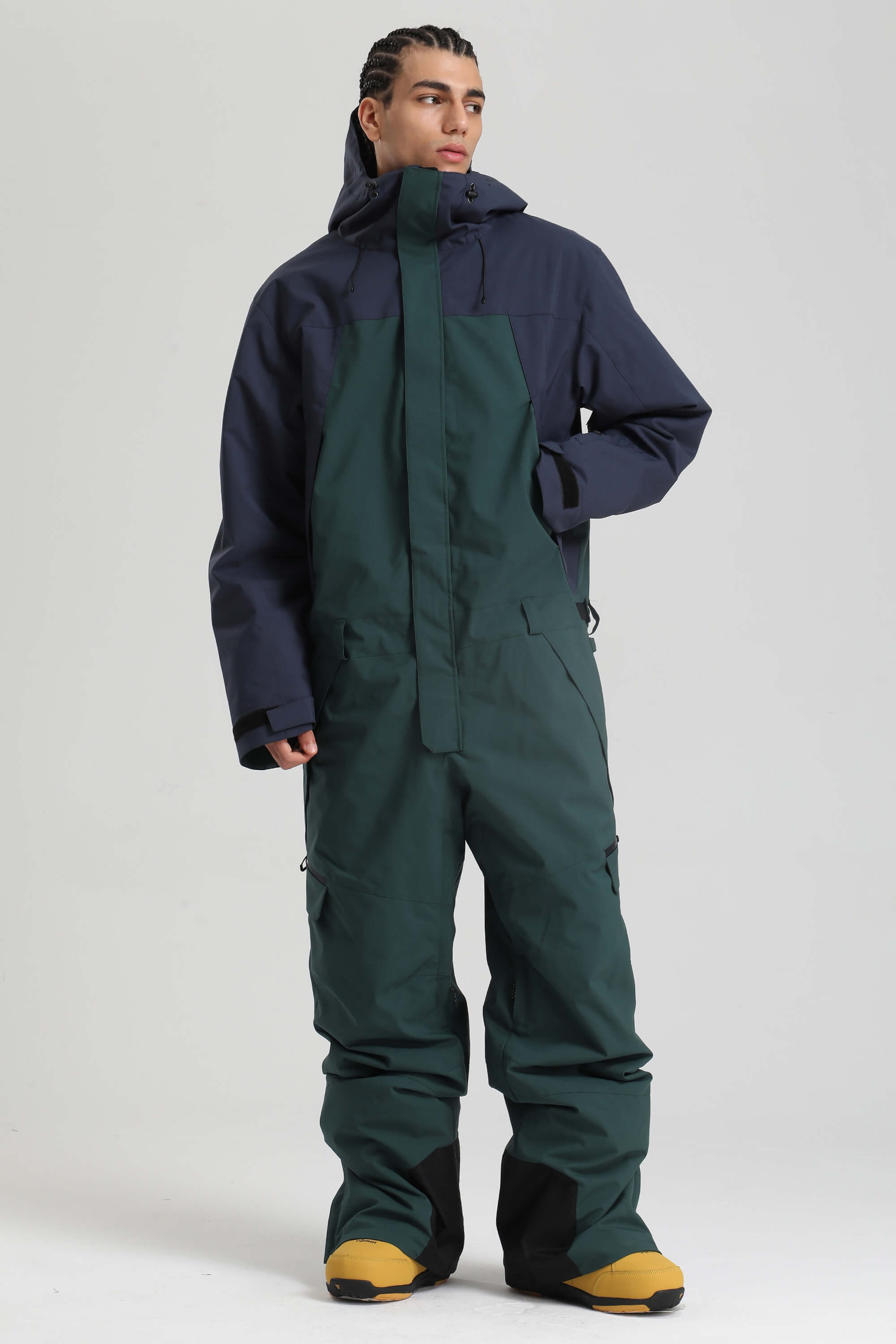 Men's Black Insulated Color-block Utility Baggy One-Piece Ski Suit