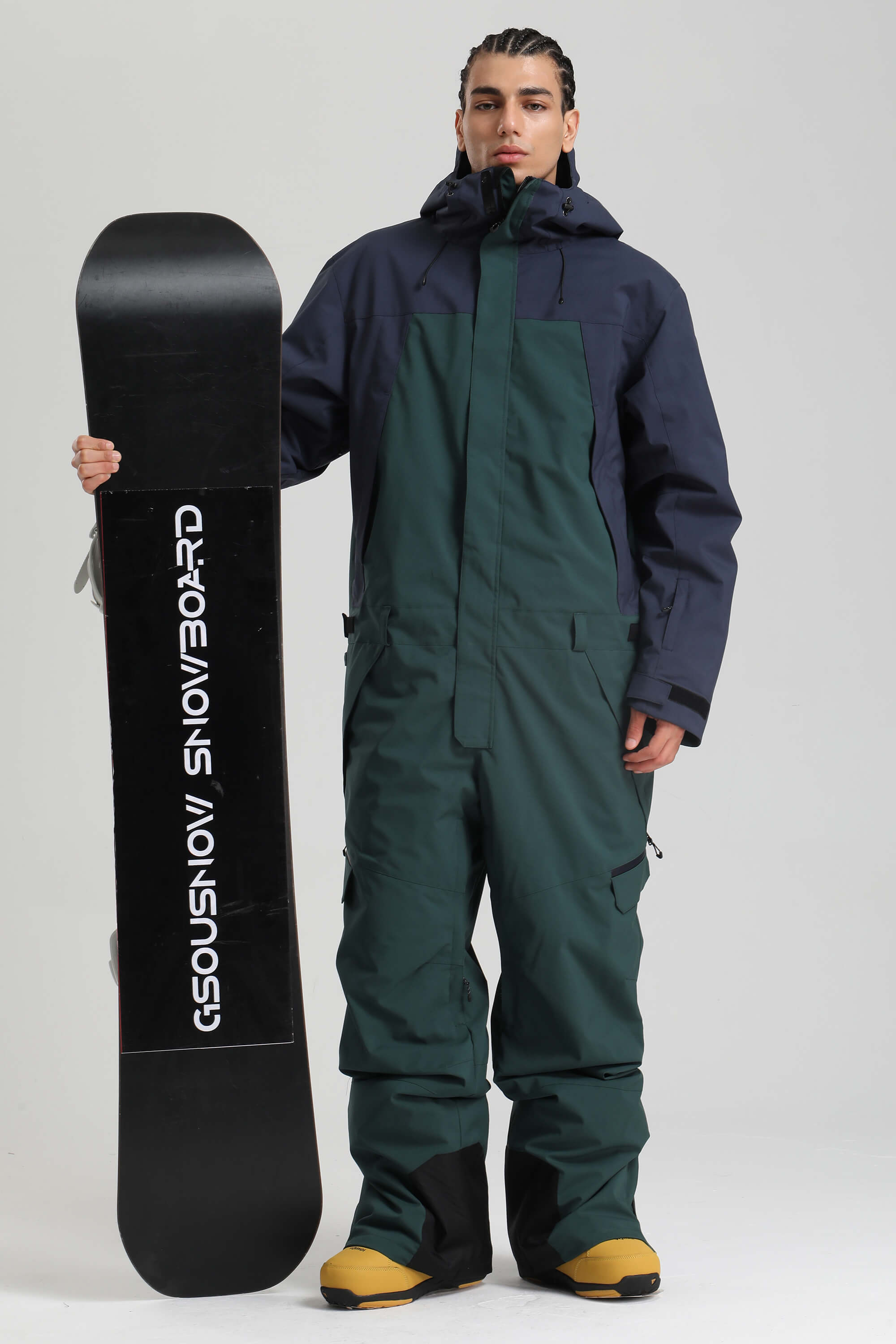 Men's Black & Green Insulated Color-block Utility Baggy One-Piece Ski Suit