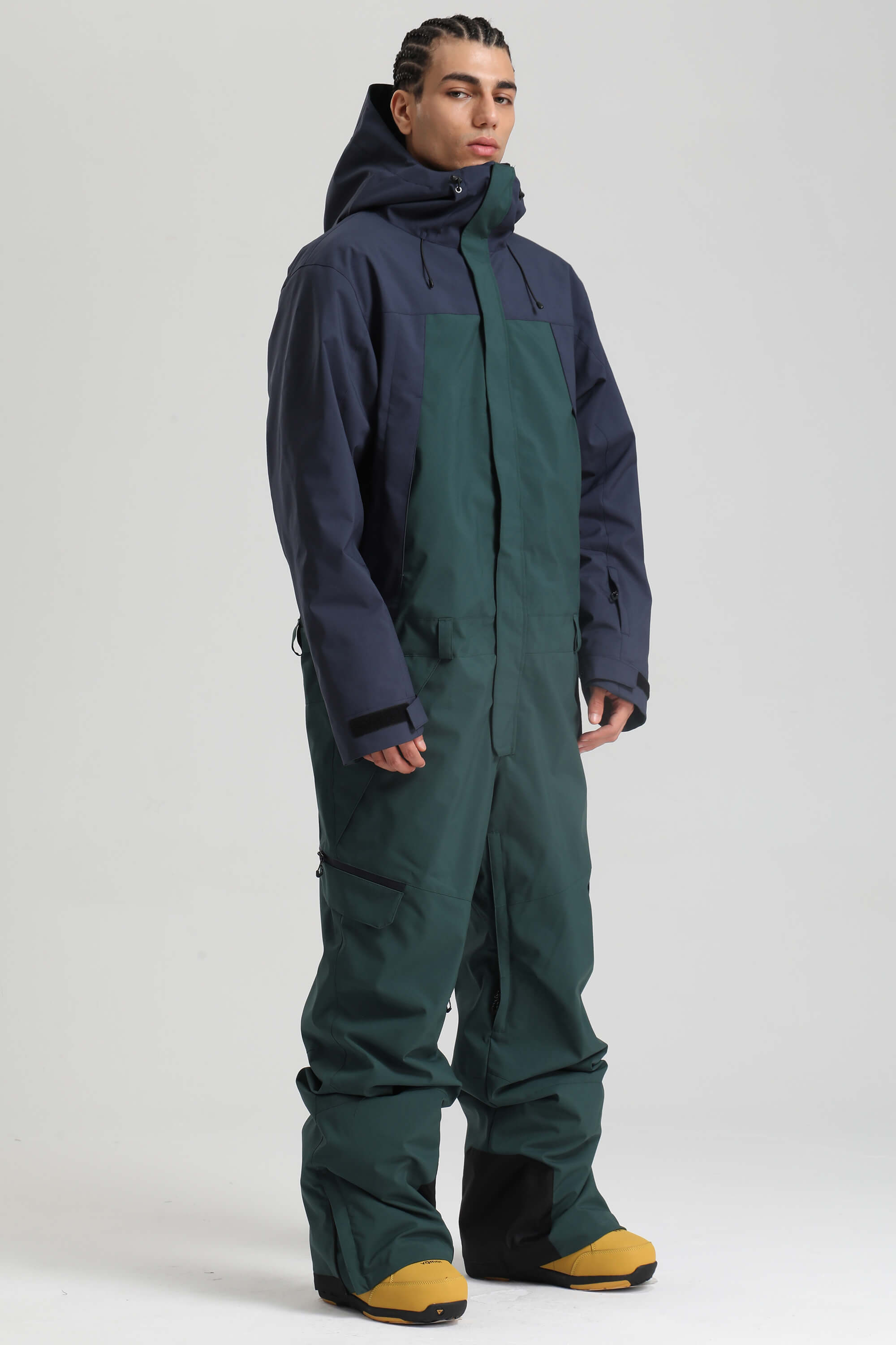 Men's Black & Green Insulated Color-block Utility Baggy One-Piece Ski Suit