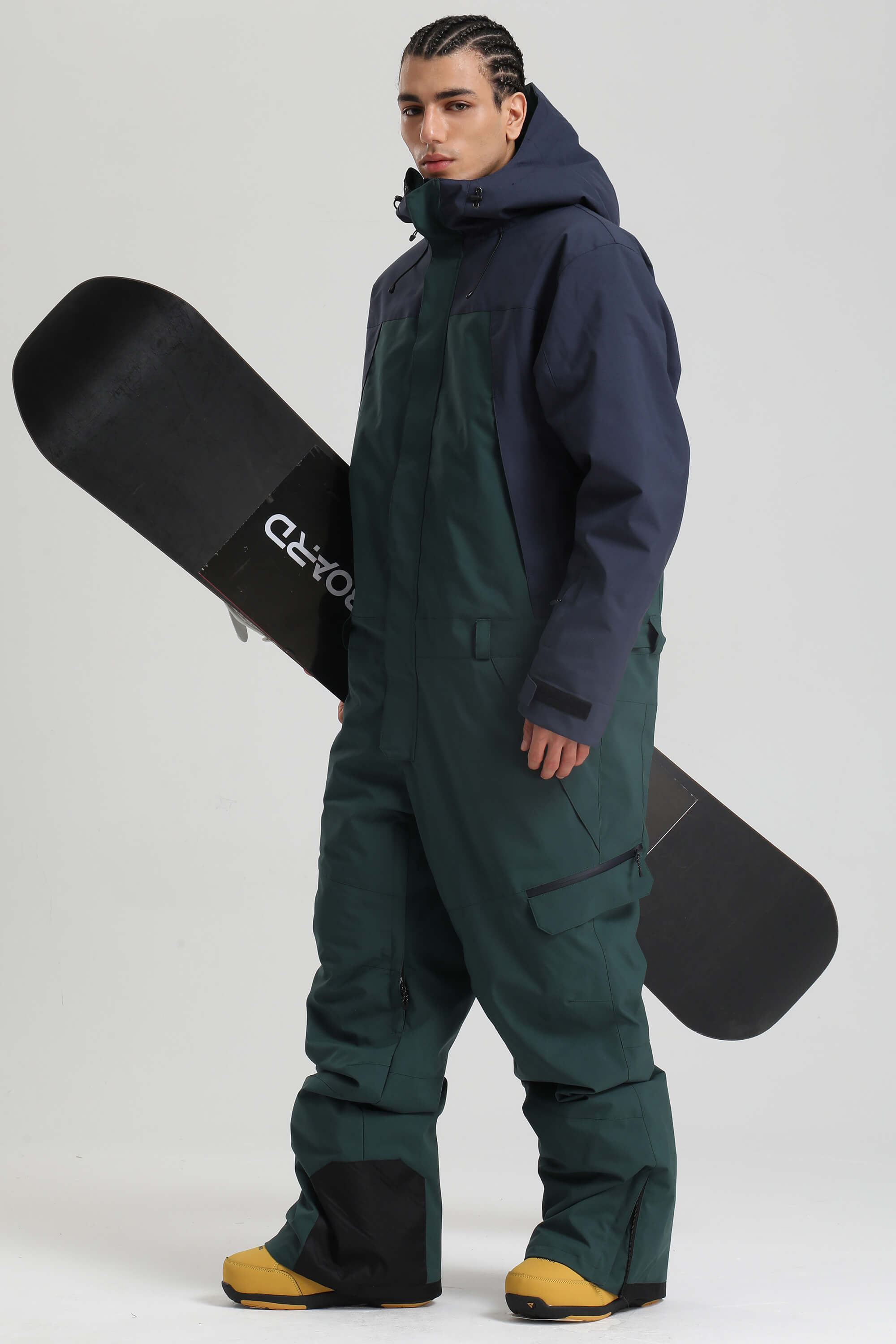 Men's Black & Green Insulated Color-block Utility Baggy One-Piece Ski Suit
