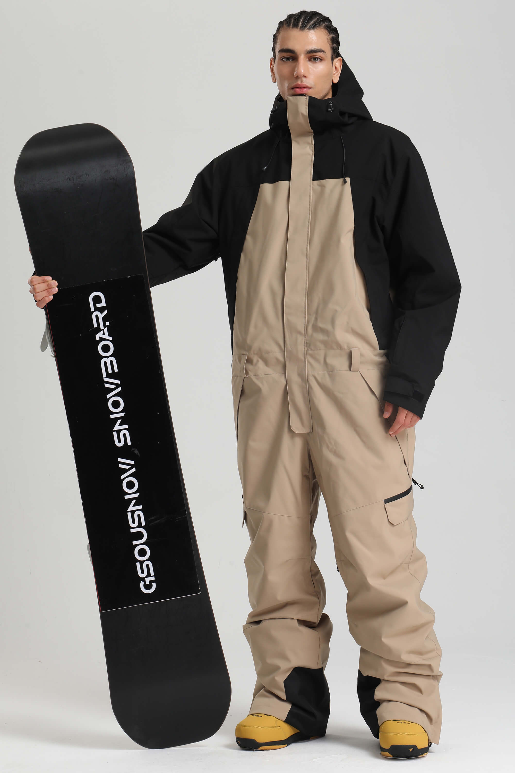 Men's Black & Khaki Insulated Color-block Utility Baggy One-Piece Ski Suit
