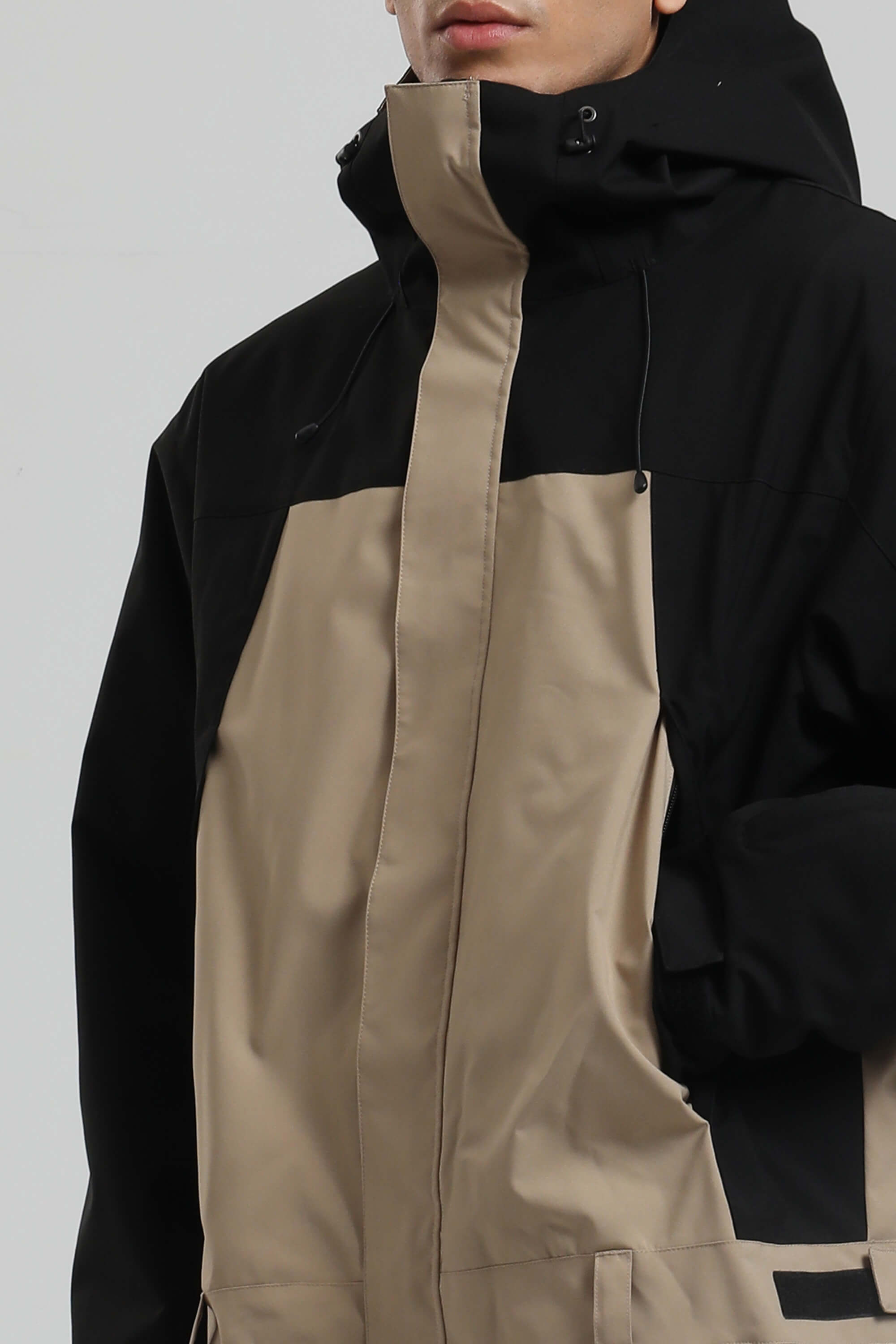 Men's Black & Khaki Insulated Color-block Utility Baggy One-Piece Ski Suit