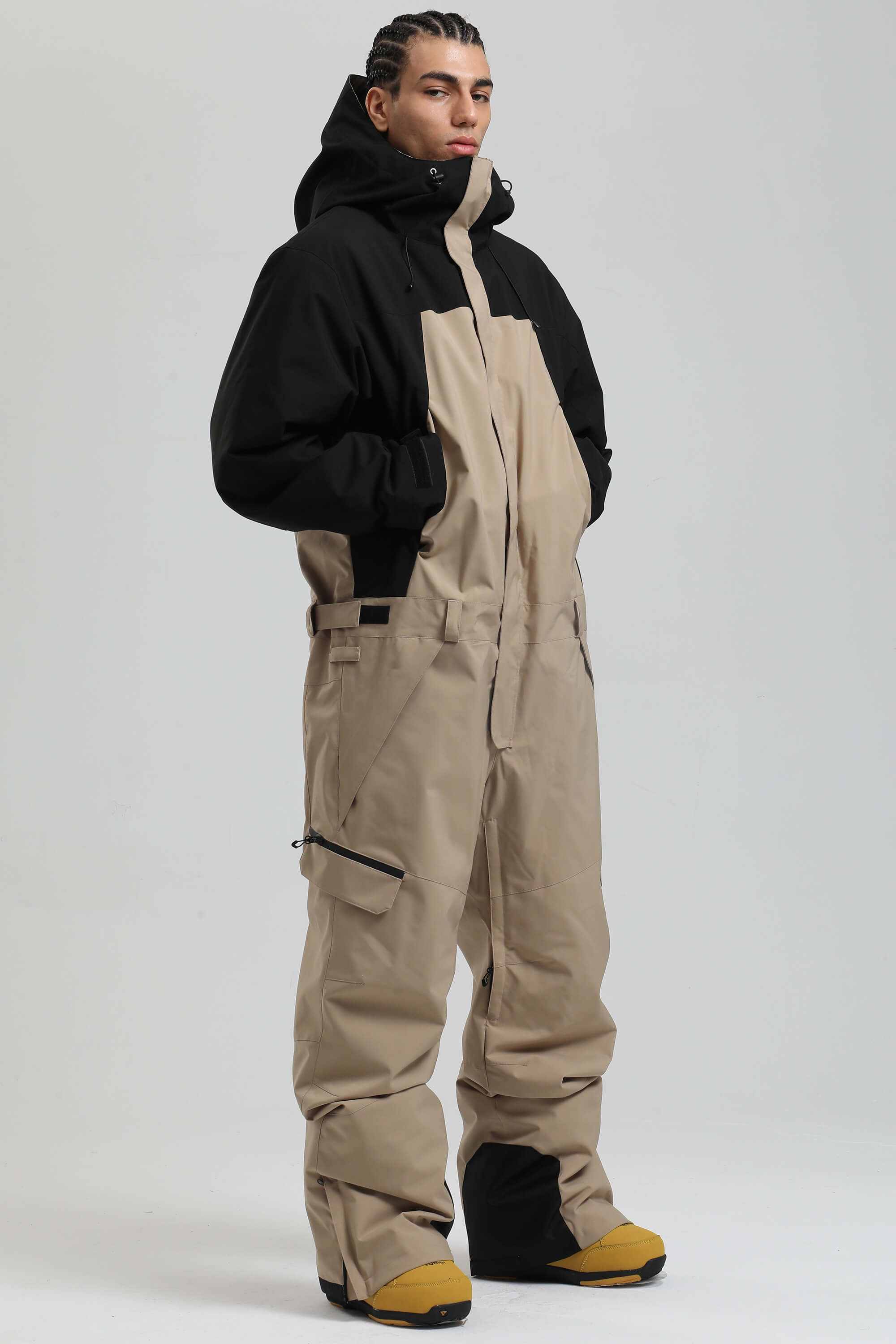 Men's Black & Khaki Insulated Color-block Utility Baggy One-Piece Ski Suit