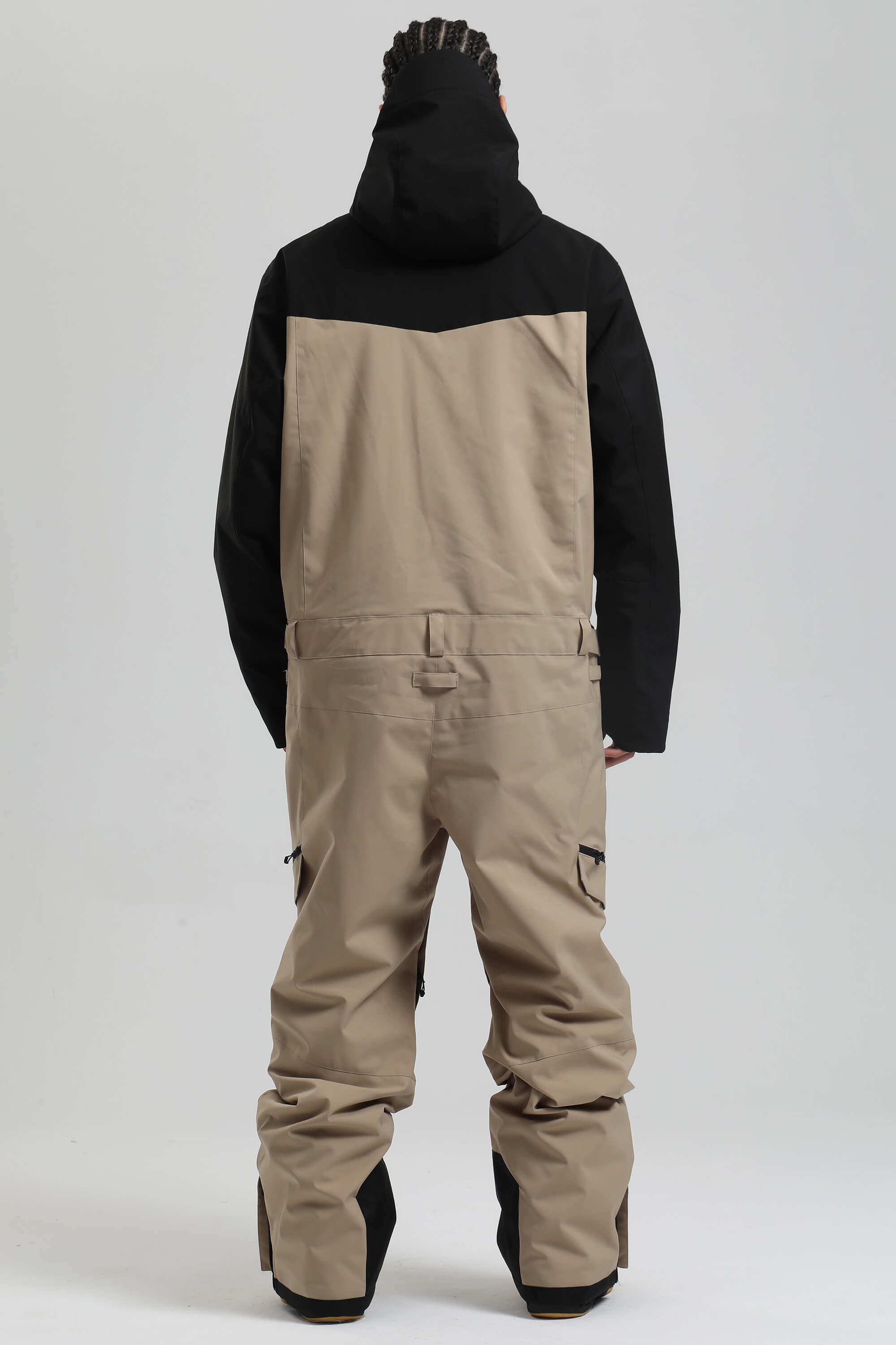 Men's Black & Khaki Insulated Color-block Utility Baggy One-Piece Ski Suit