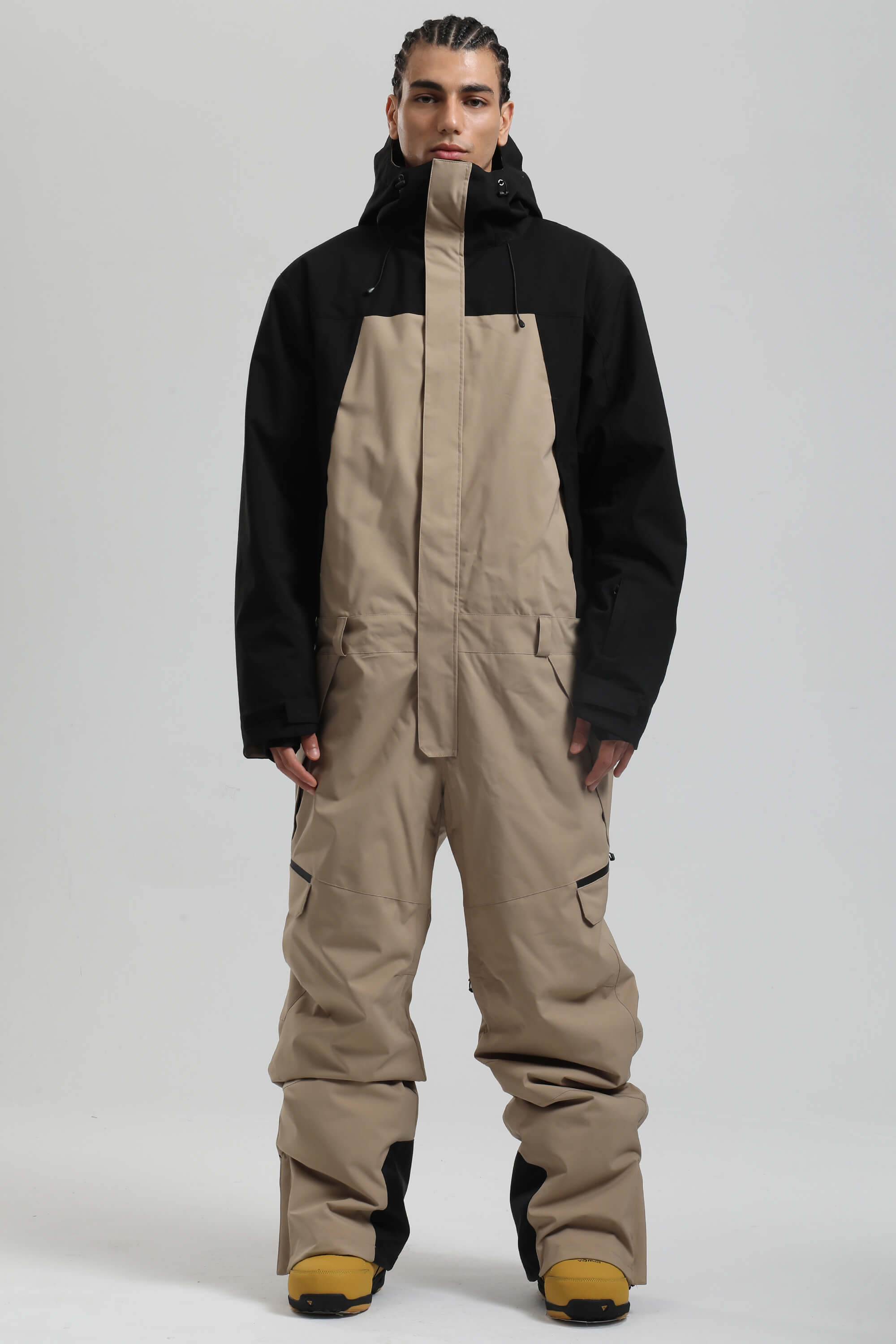 Men's Black & Khaki Insulated Color-block Utility Baggy One-Piece Ski Suit