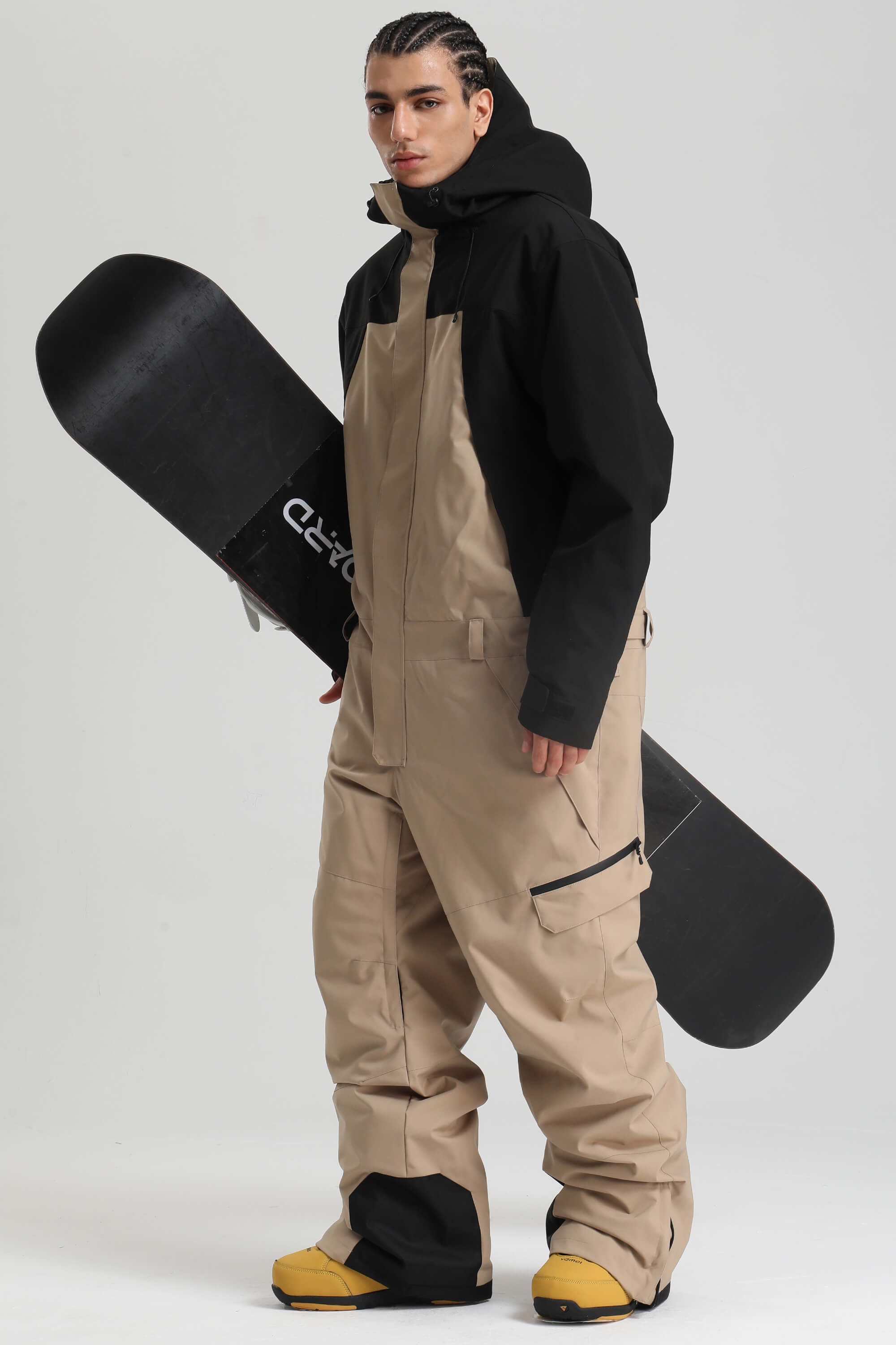 Men's Black & Khaki Insulated Color-block Utility Baggy One-Piece Ski Suit