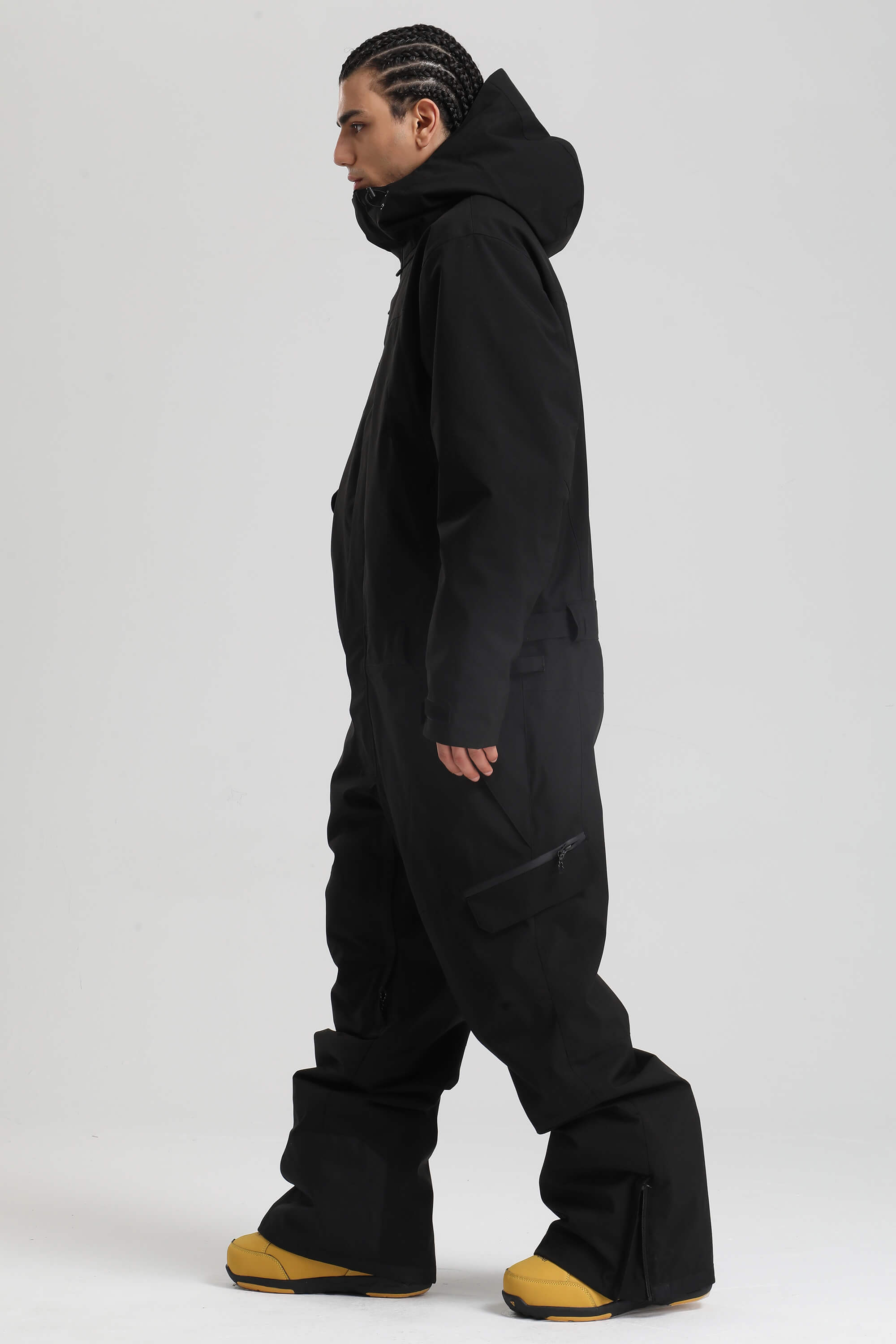 Men's Black Insulated Color-block Utility Baggy One-Piece Ski Suit